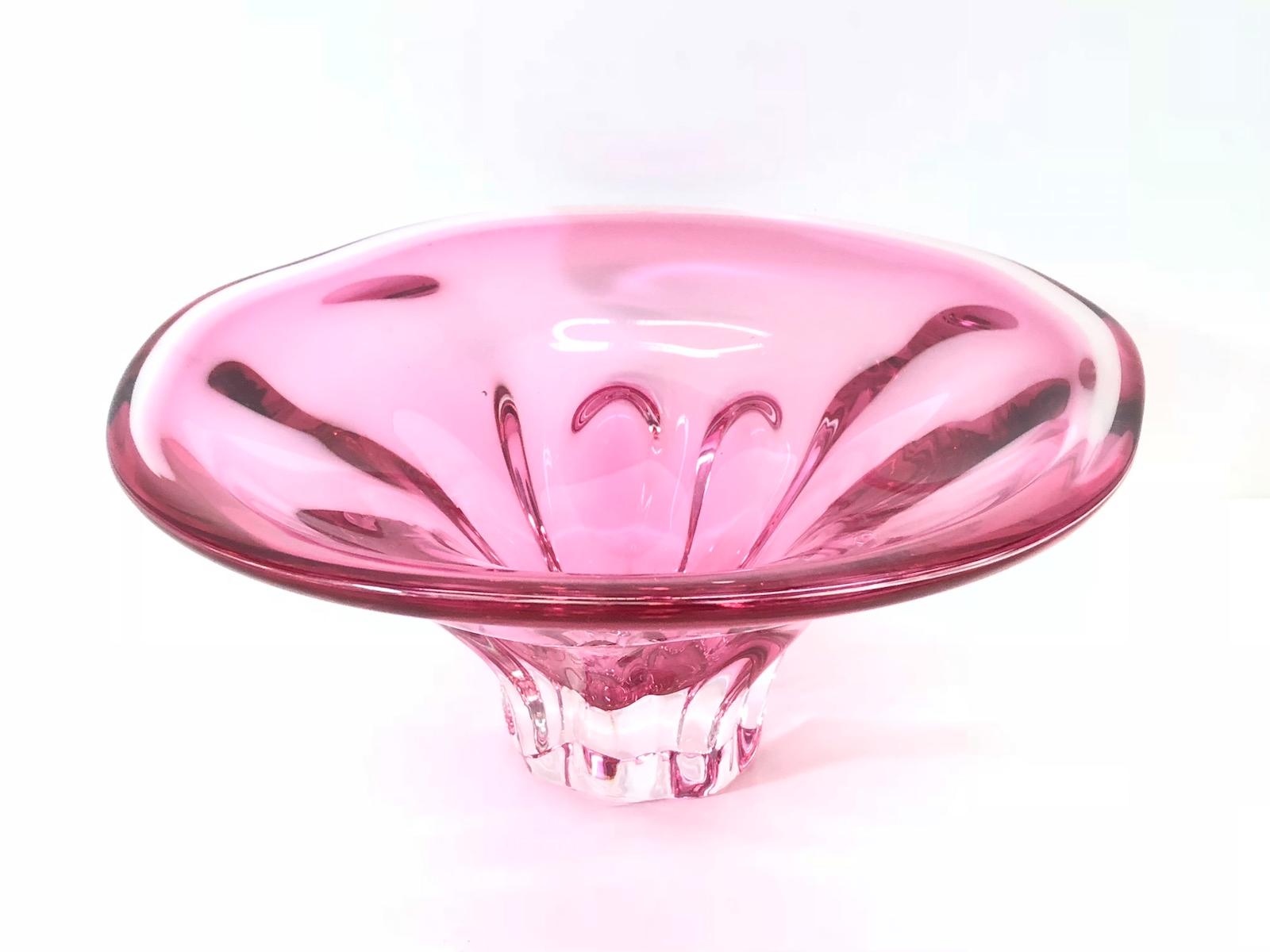 ashtray bowl Glass flower shaped pink heavy glass Murano floraform,Sommerso,cranberry,art glass handblown Italy,floral shape clear