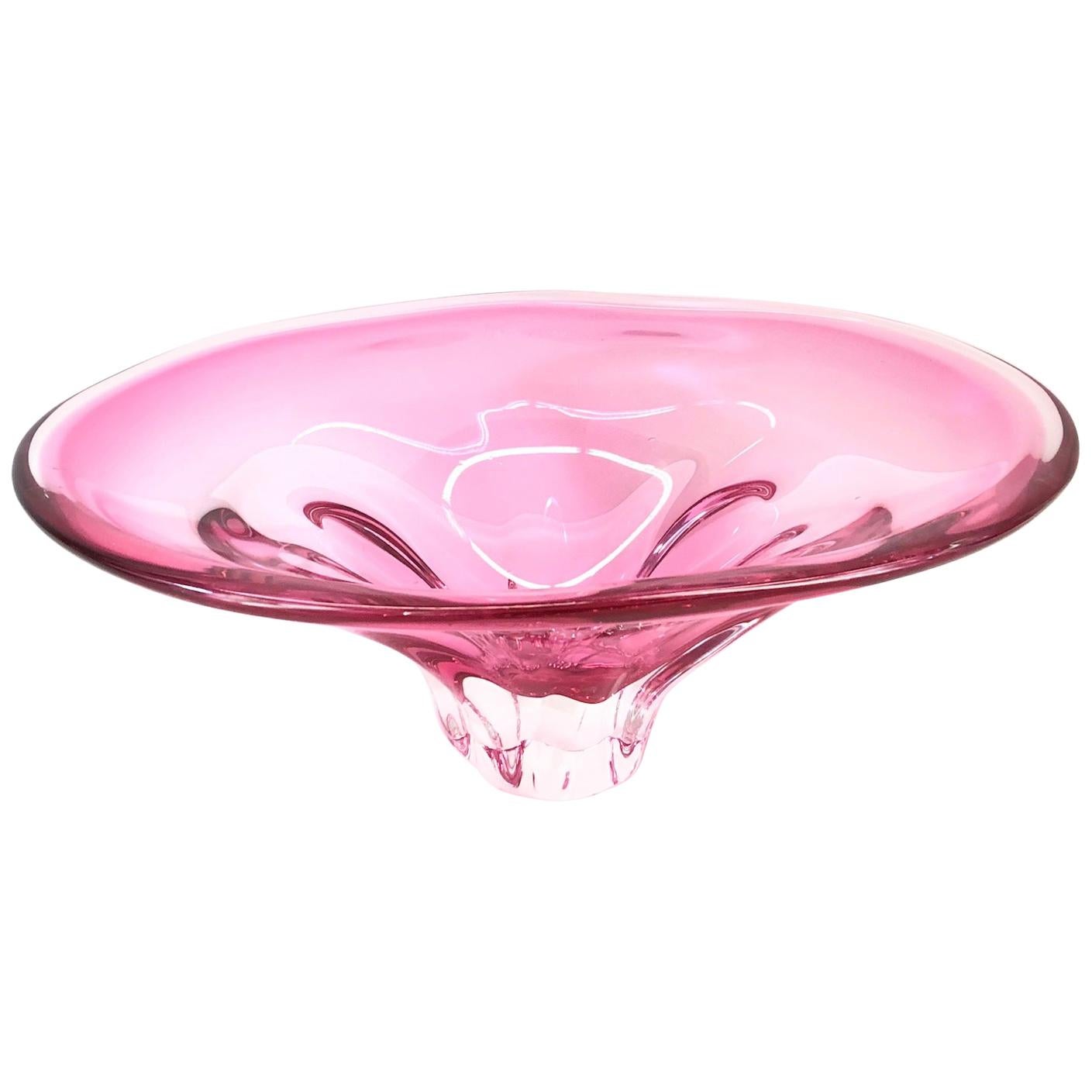 Gorgeous Murano Art Glass Sommerso Fruit Bowl Pink and Clear Vintage, Italy