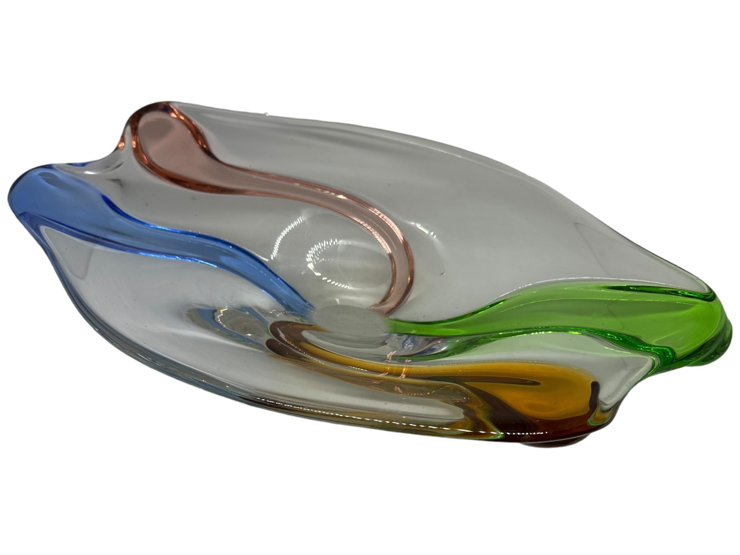 Italian Gorgeous Murano Art Glass Sommerso Fruit Bowl Pink, Blue, Clear Vintage, Italy For Sale