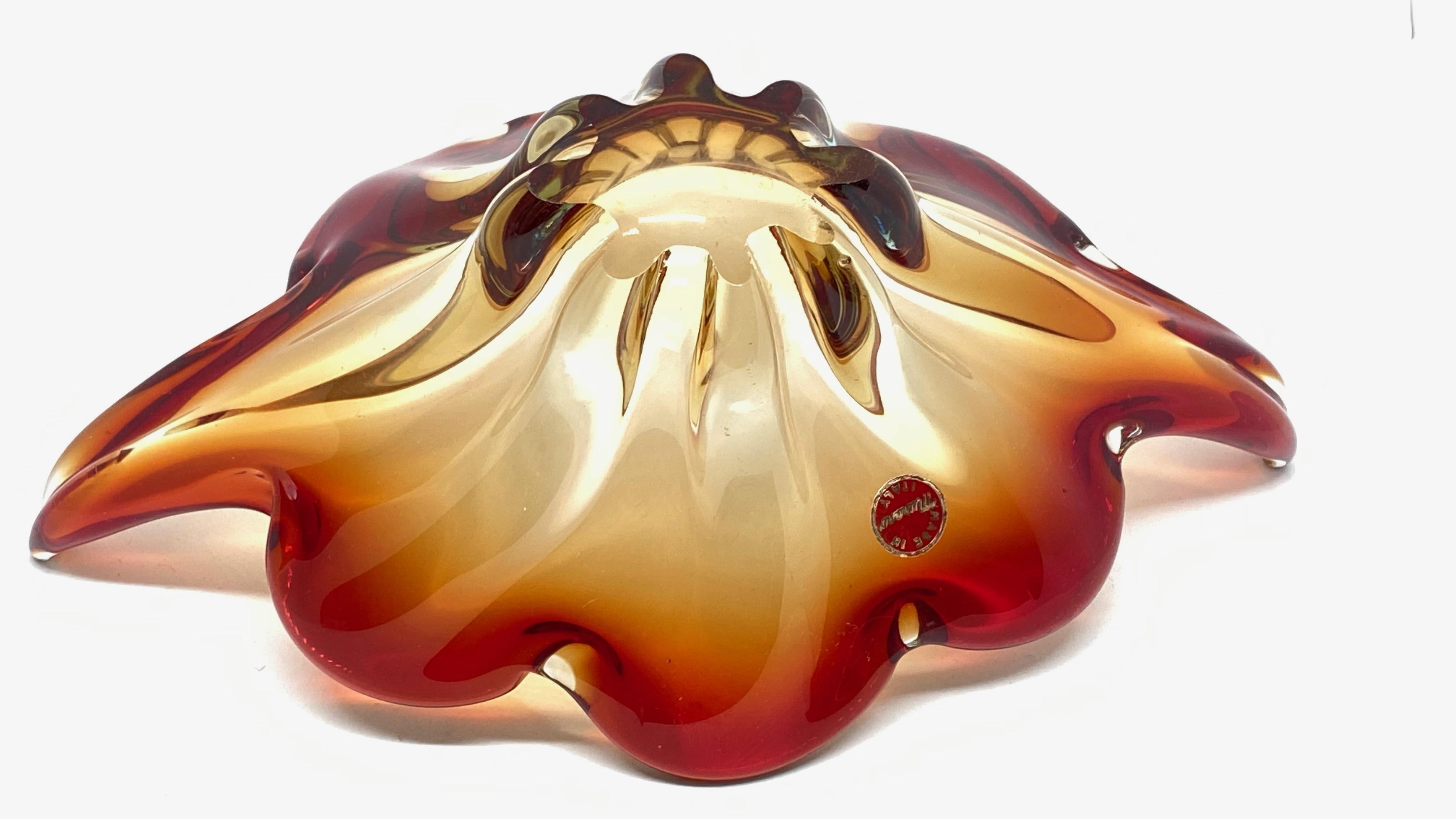 Mid-Century Modern Gorgeous Murano Art Glass Sommerso Fruit Bowl Red, Orange, Clear Vintage, Italy