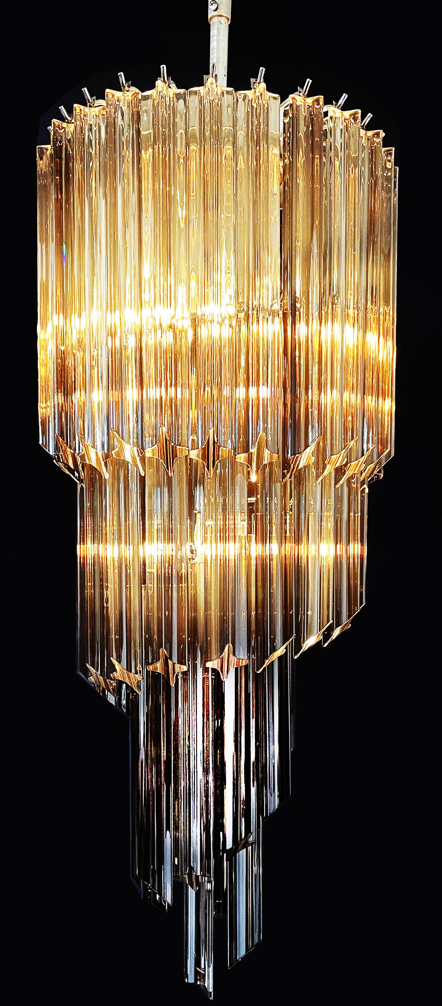 Metal Gorgeous Murano Glass Spiral Chandelier, 54 Quadriedri Smoked Prisms For Sale