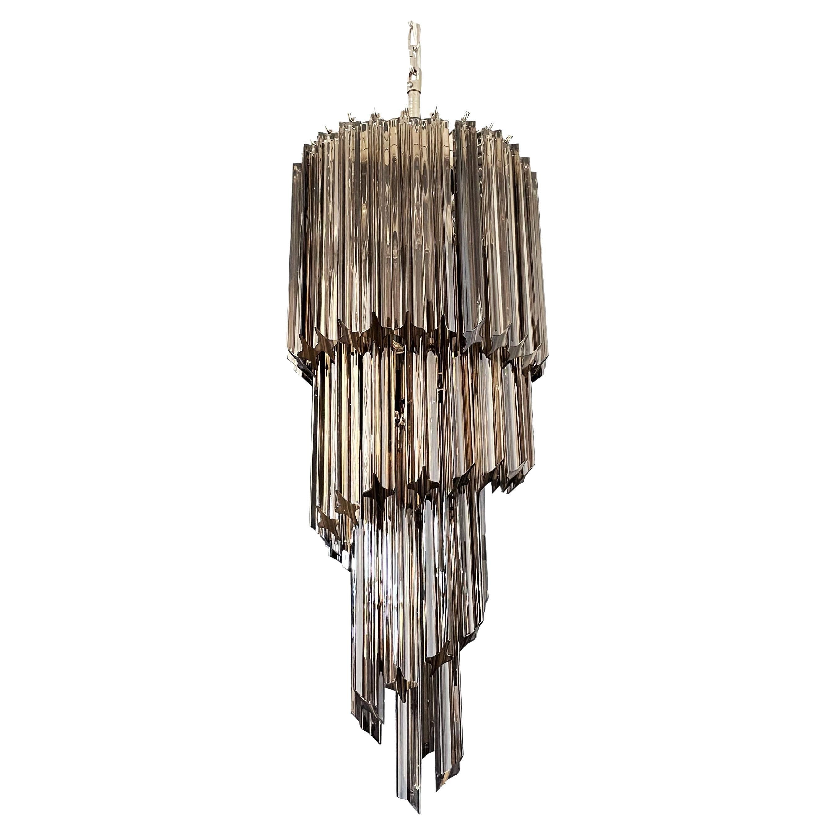 Gorgeous Murano Glass Spiral Chandelier, 54 Quadriedri Smoked Prisms For Sale