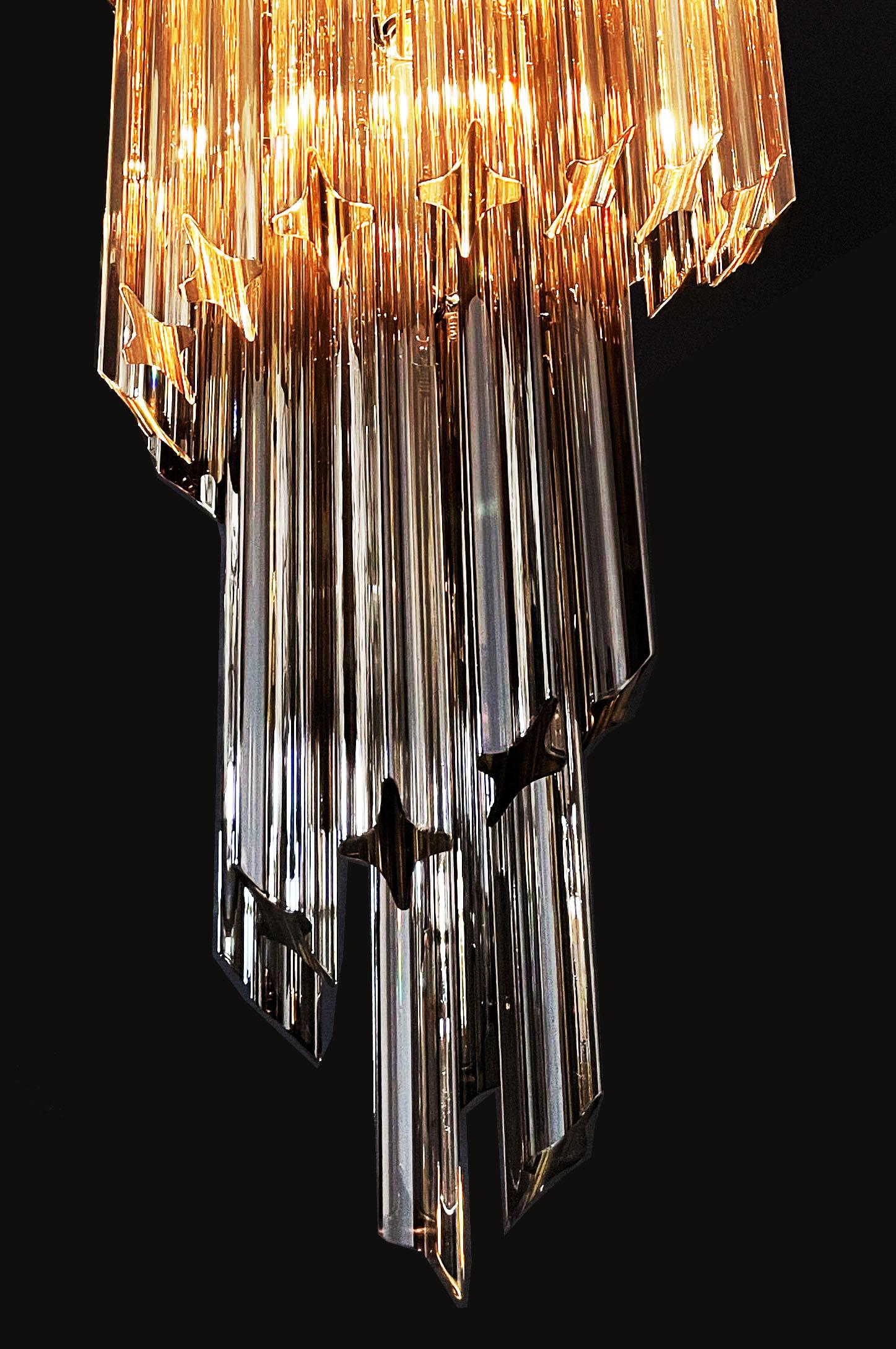 Metal Gorgeous Murano Glass Spiral Chandeliers, 54 Quadriedri Smoked Prisms For Sale
