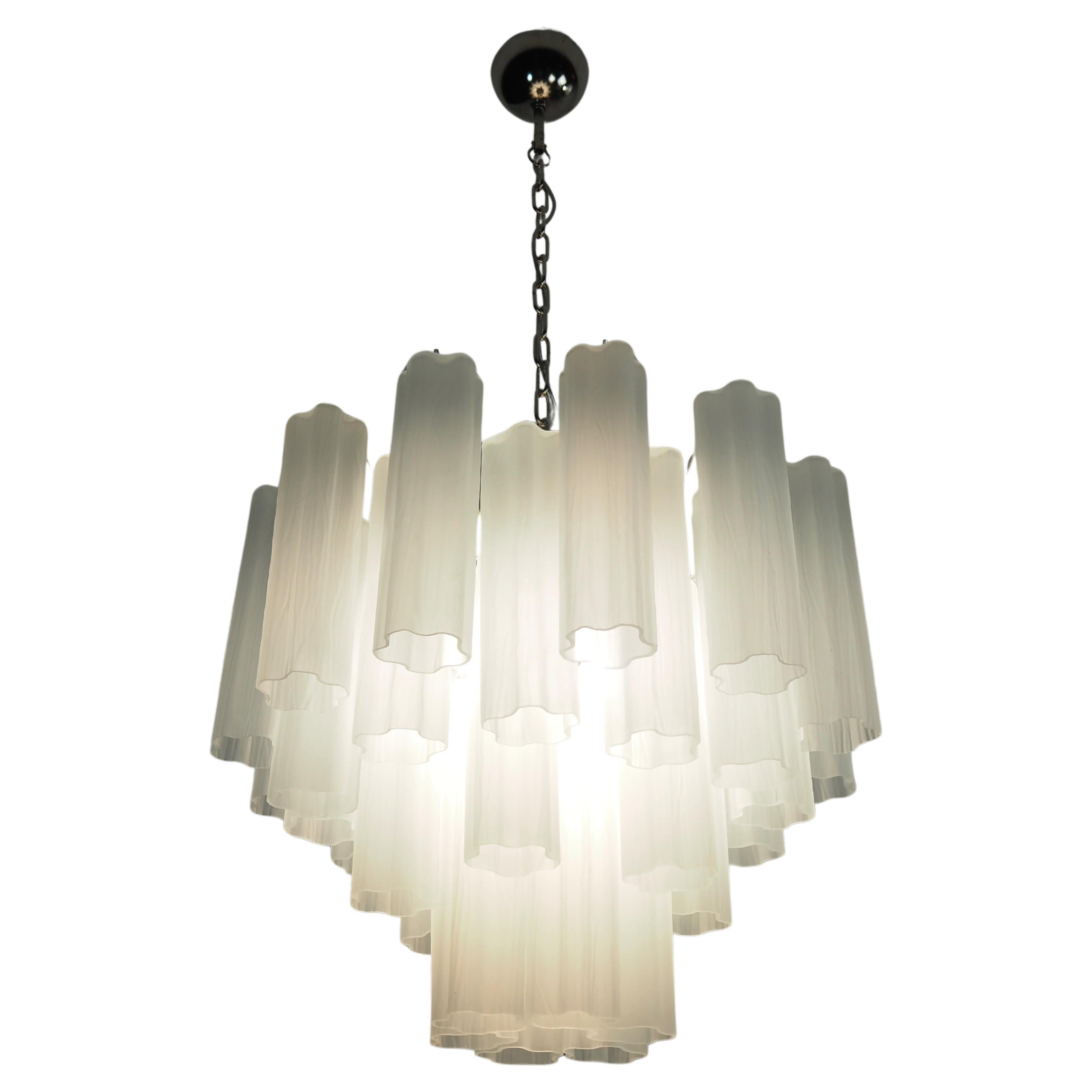 Italian Gorgeous Murano Glass Tube Chandeliers - 36 etched glass tube For Sale