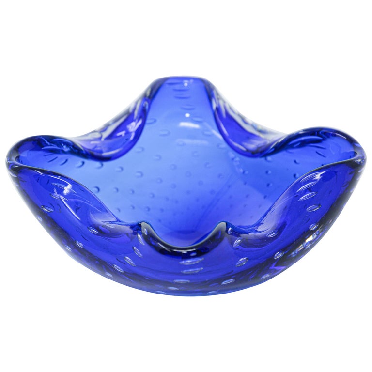 Gorgeous Vintage Murano Venetian Handblown Art Glass Blue Ashtray For Sale