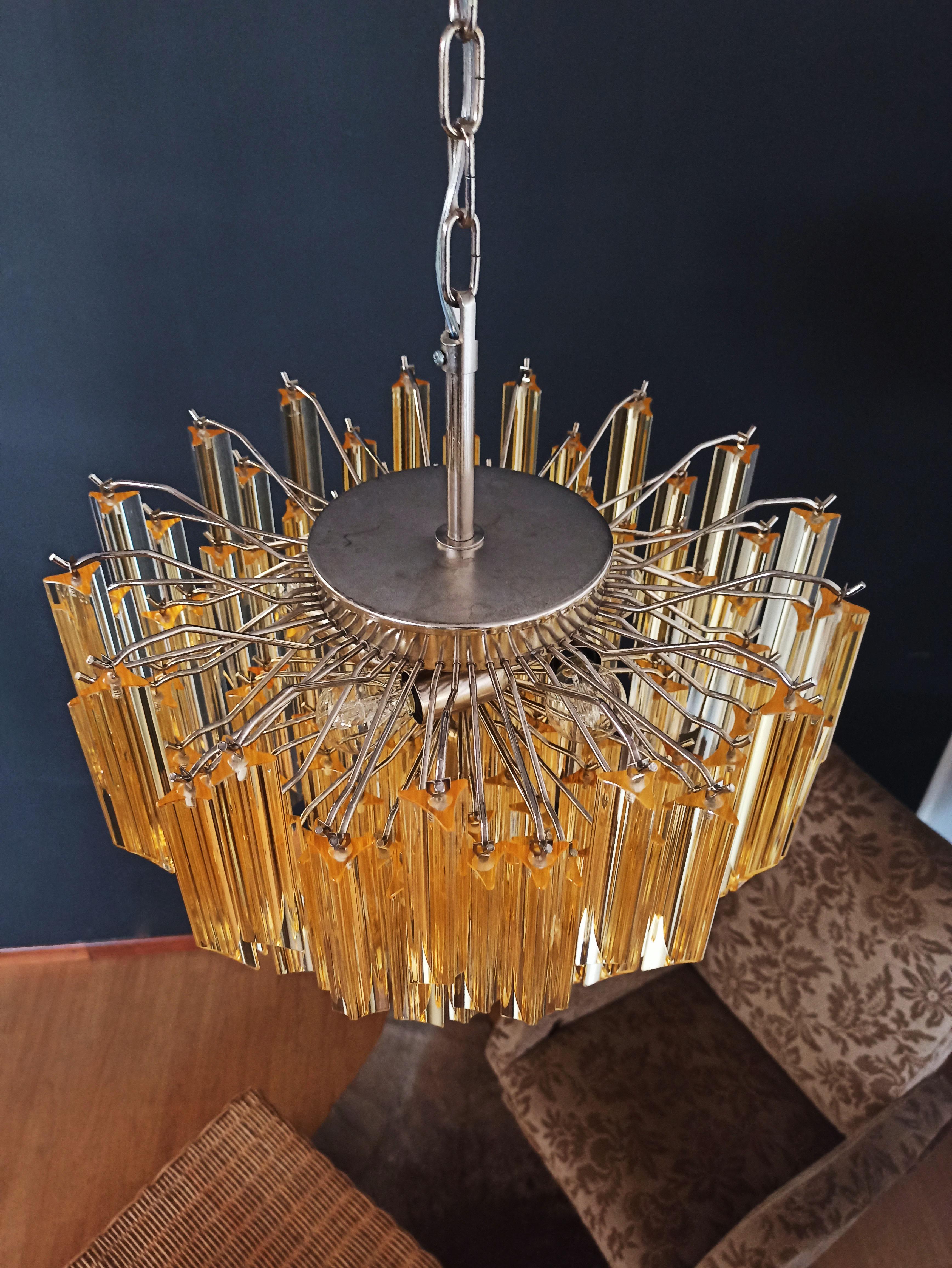Gorgeous Murano Vintage Chandelier, 107 Clear Amber Triedri For Sale 3
