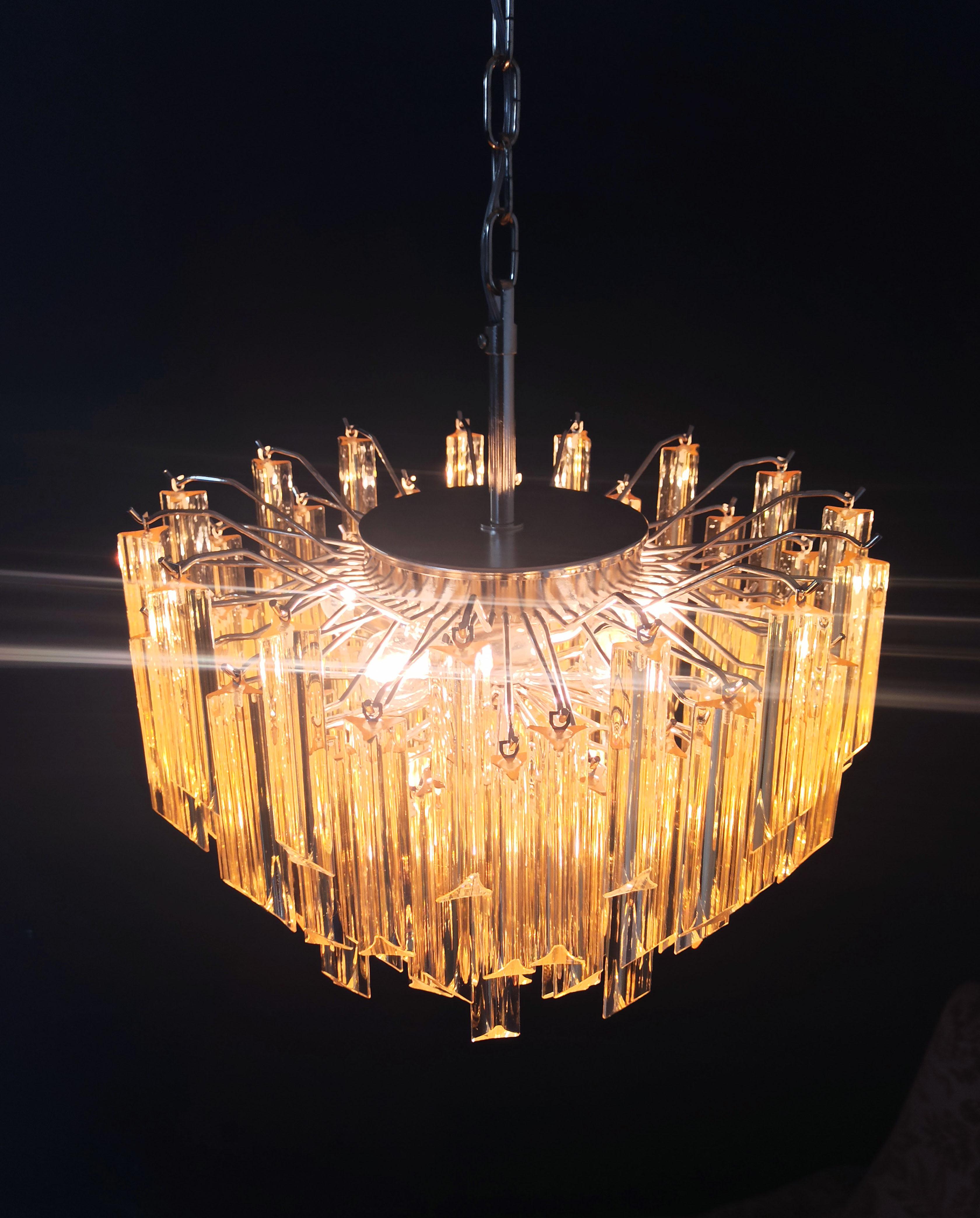 Glass Gorgeous Murano Vintage Chandelier, 107 Clear Amber Triedri For Sale