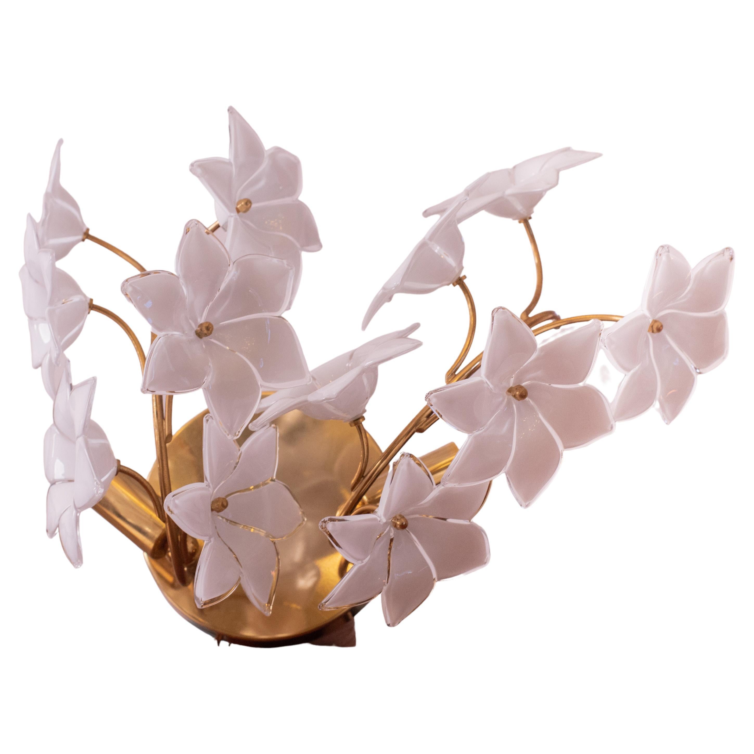 Gorgeous Murano Wall Sconce with White Flowers, 1970s