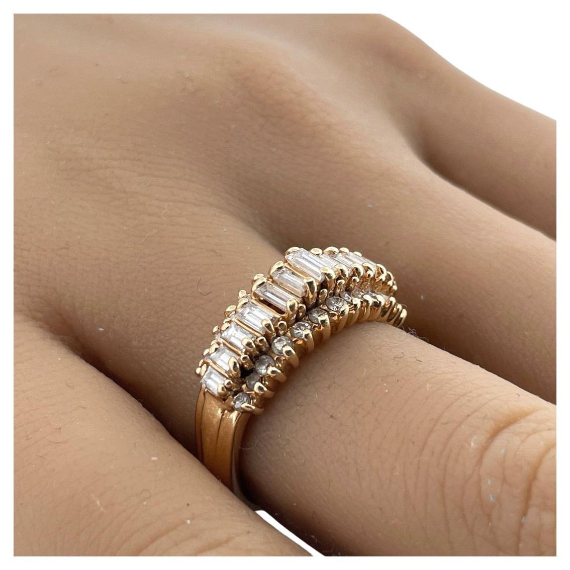 Gorgeous Natural Baguette & Rambilion 14K Solid Yellow Gold Ring For Sale