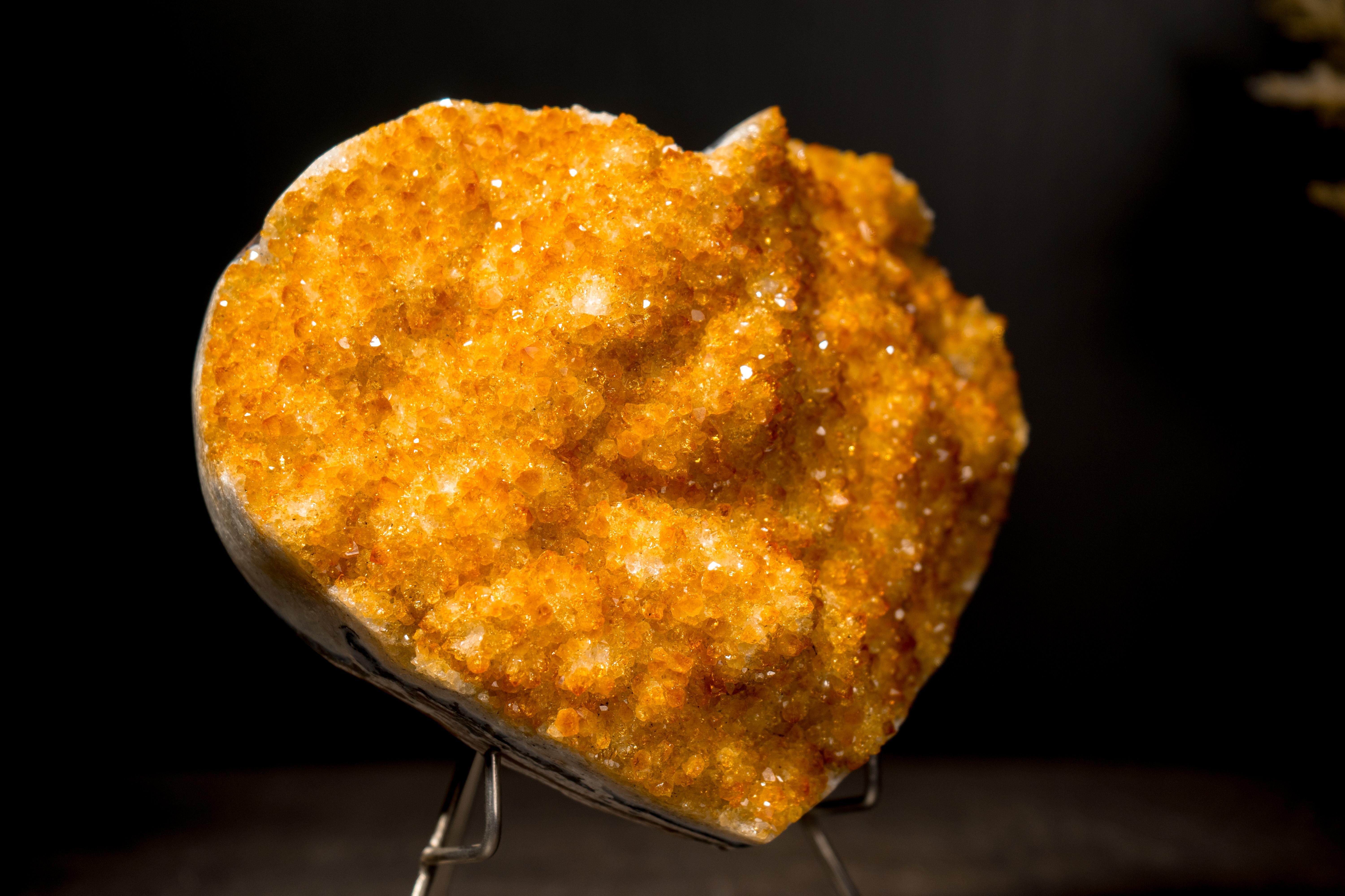 Contemporary Natural Citrine Heart with Flower Rosettes, Hand Carved in Brazil For Sale