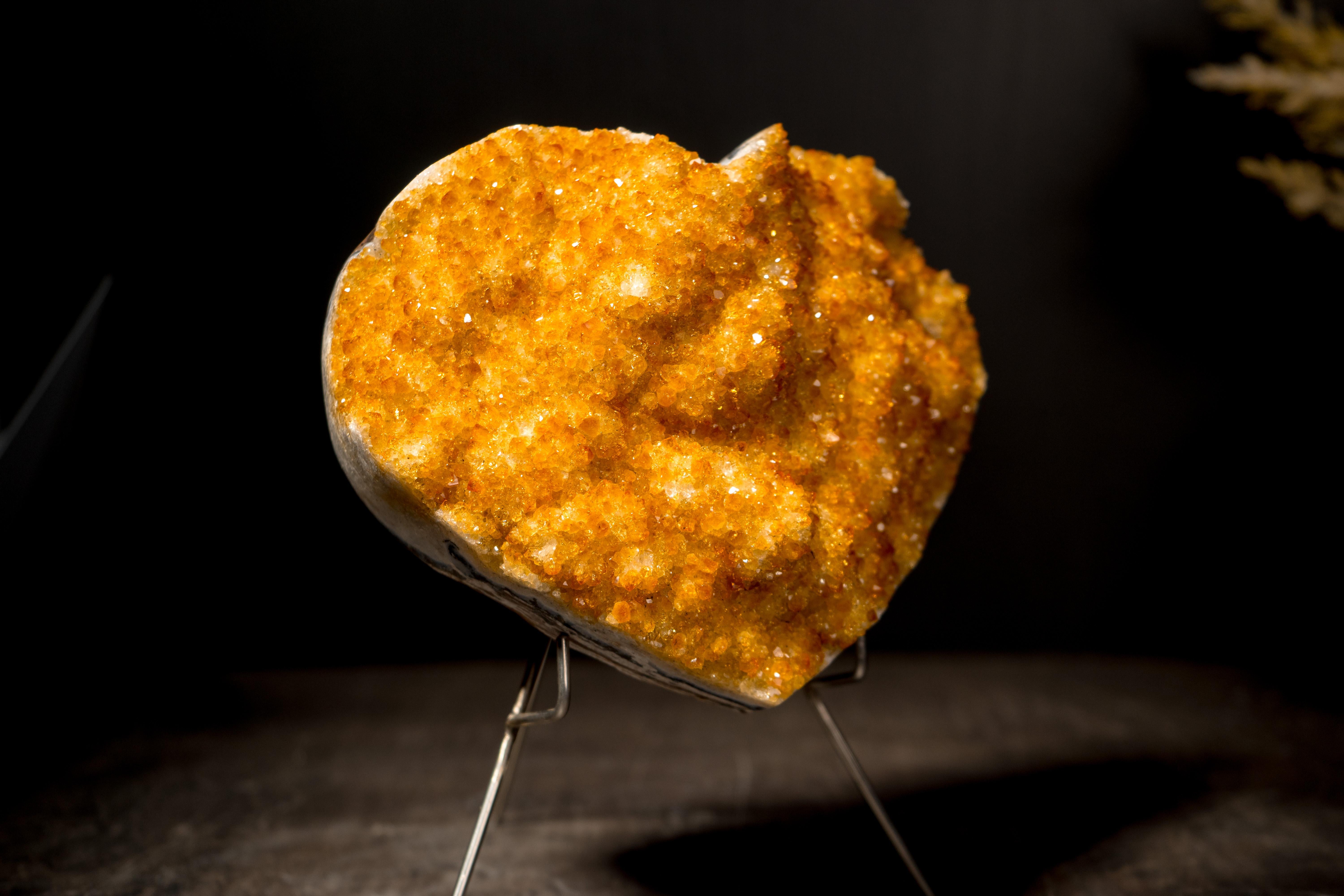 Crystal Natural Citrine Heart with Flower Rosettes, Hand Carved in Brazil For Sale