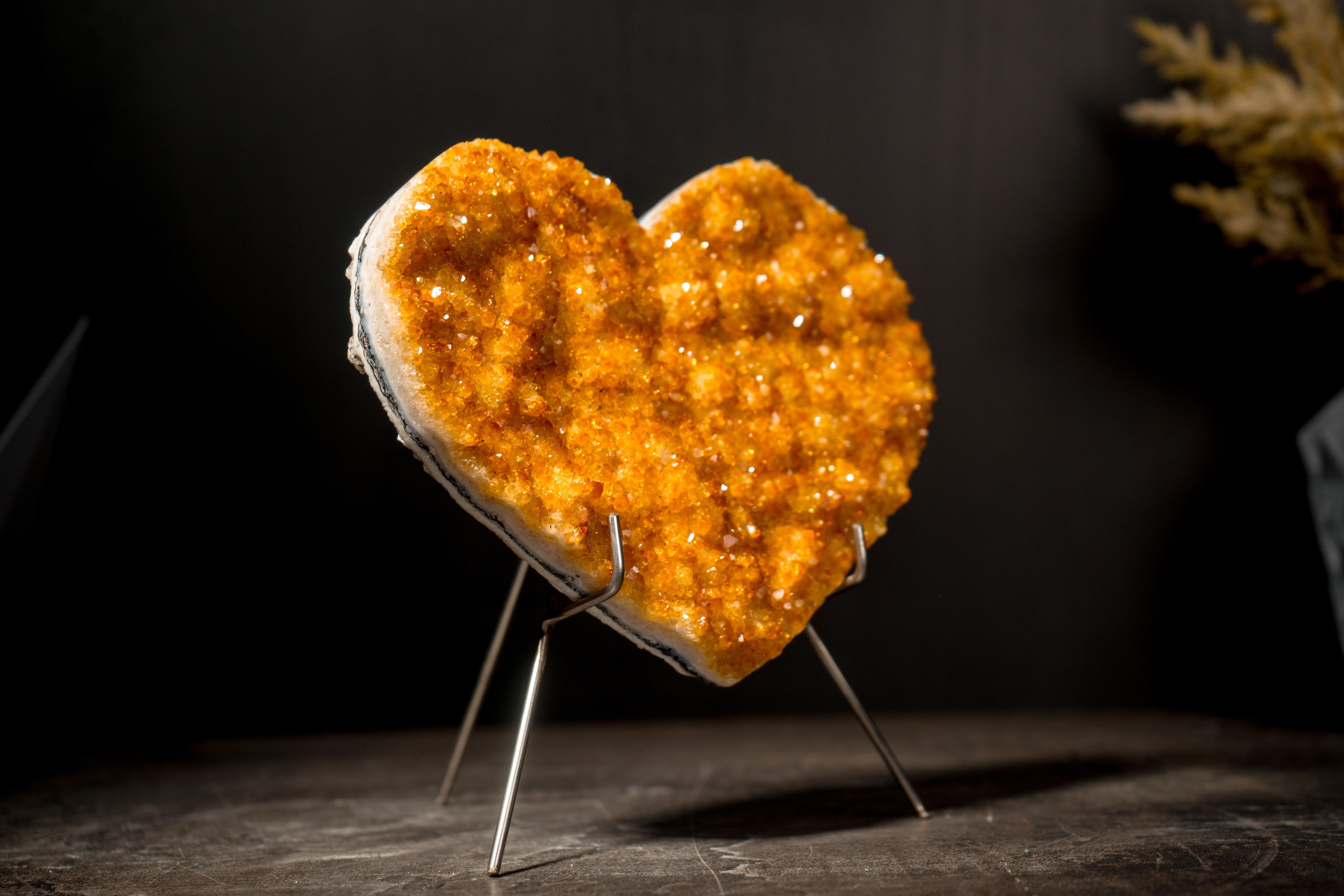 Natural Citrine Heart with Intense Sparkly Yellow Druzy, Hand Carved and Ethical For Sale 4