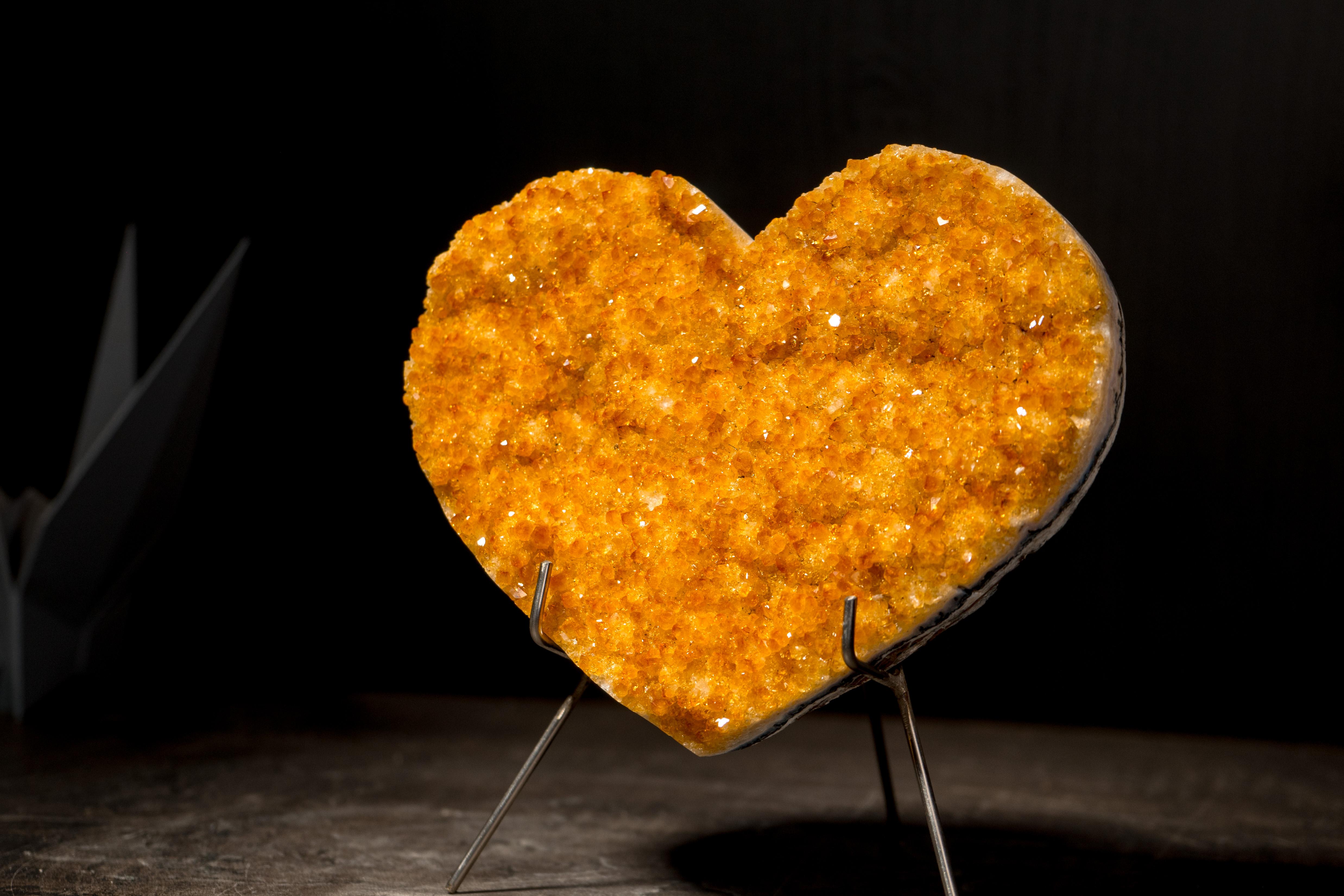 Natural Citrine Heart with Intense Sparkly Yellow Druzy, Hand Carved and Ethical For Sale 6