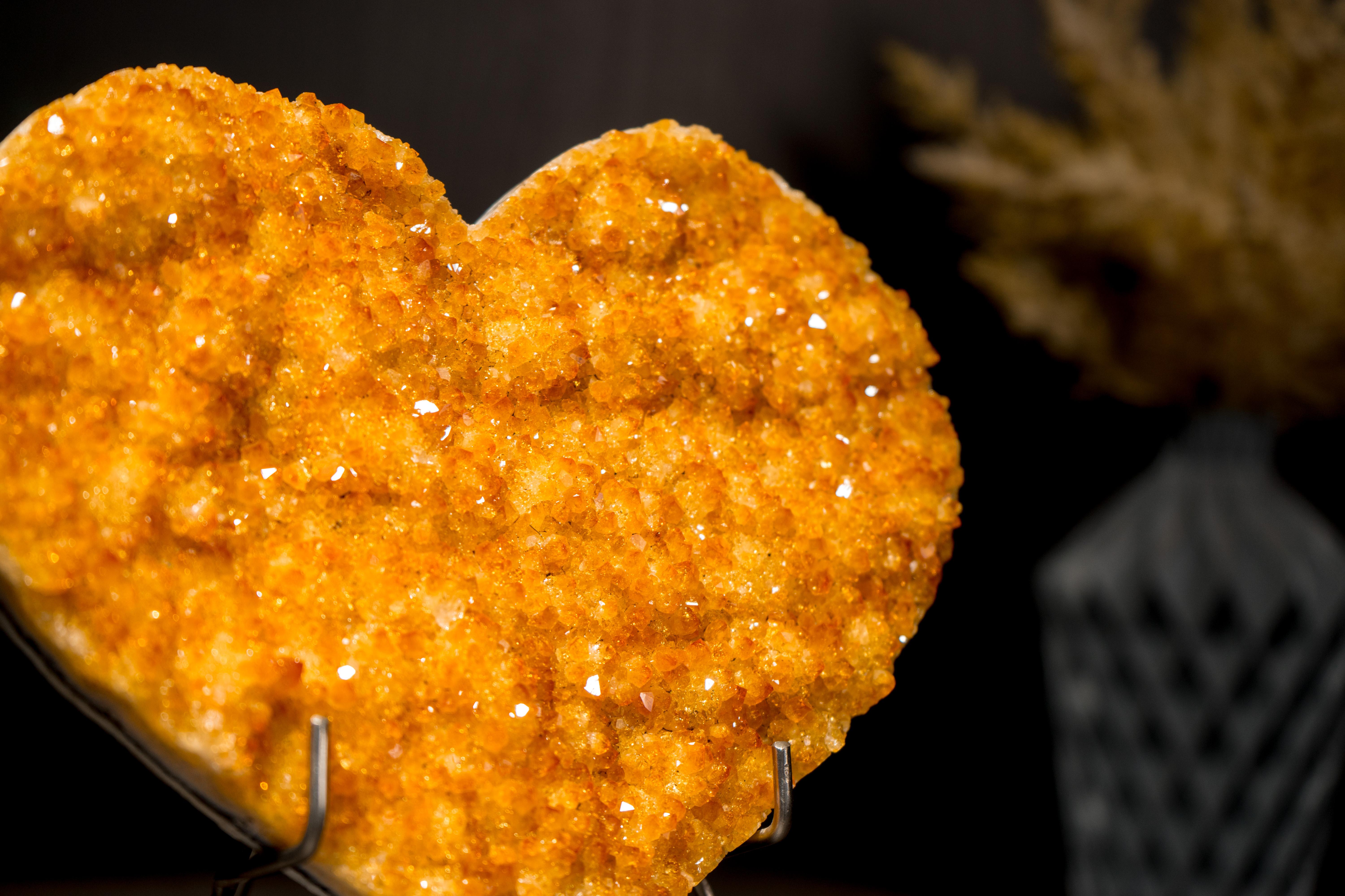 Brazilian Natural Citrine Heart with Intense Sparkly Yellow Druzy, Hand Carved and Ethical For Sale