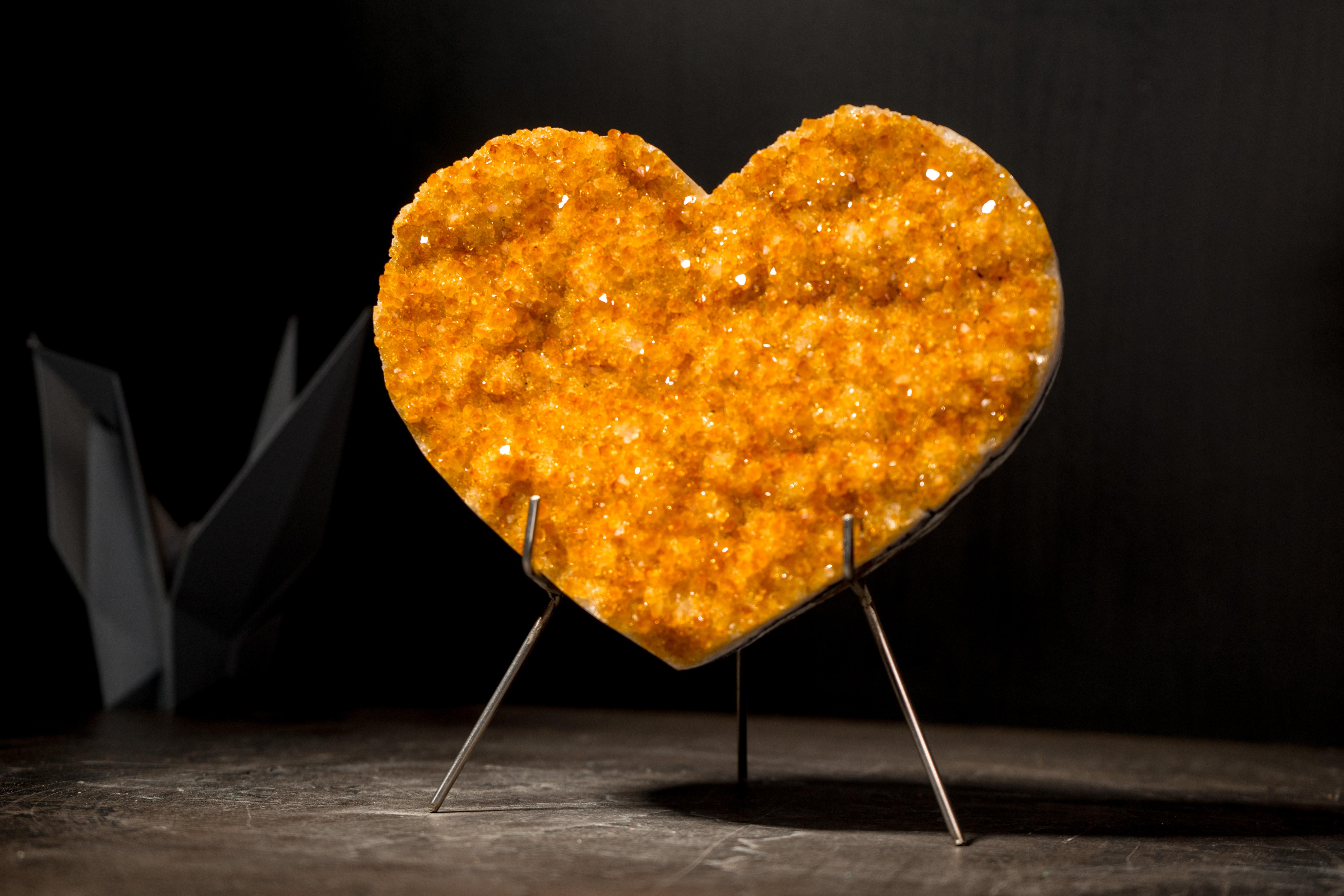 Contemporary Natural Citrine Heart with Intense Sparkly Yellow Druzy, Hand Carved and Ethical For Sale