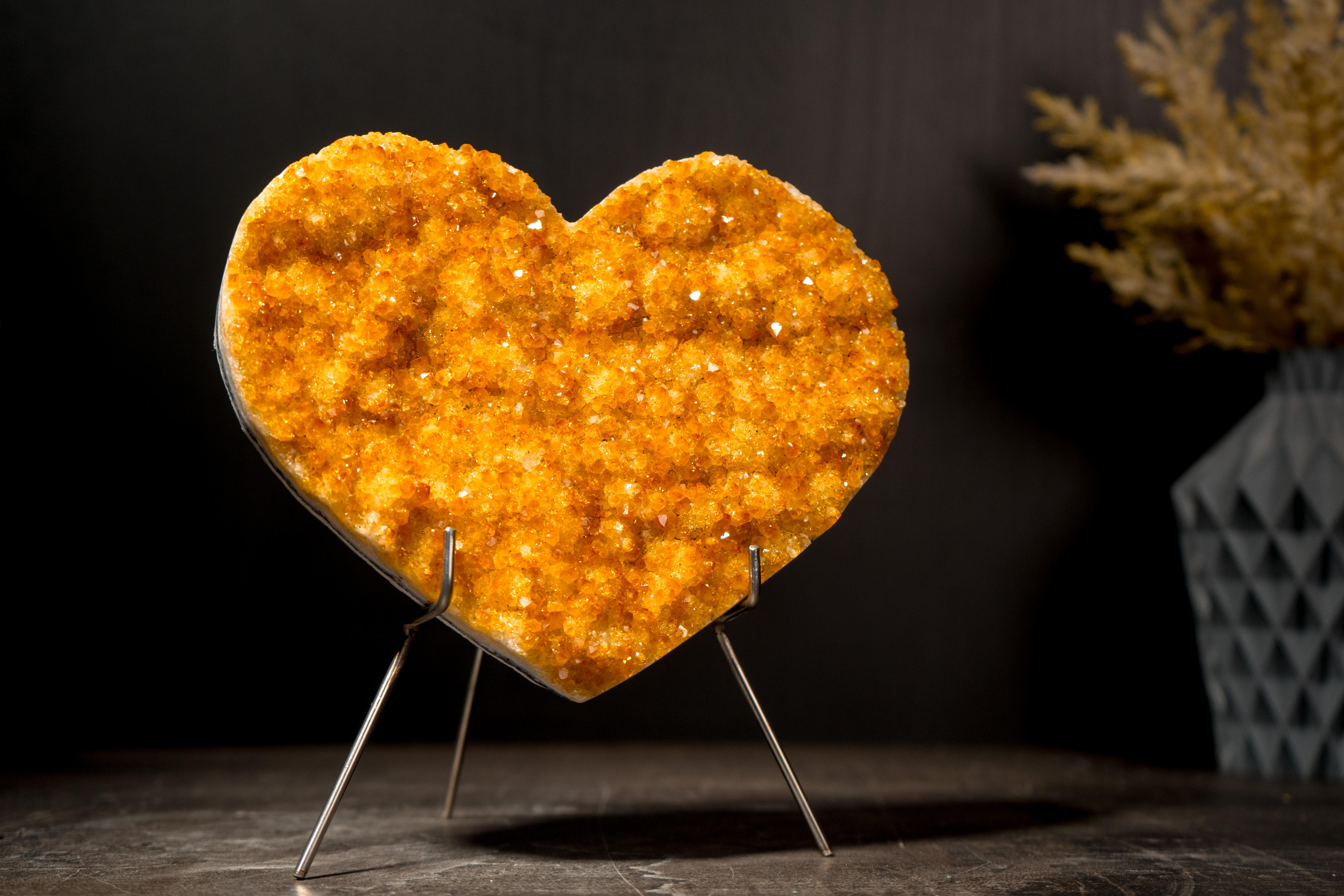 Crystal Natural Citrine Heart with Intense Sparkly Yellow Druzy, Hand Carved and Ethical For Sale
