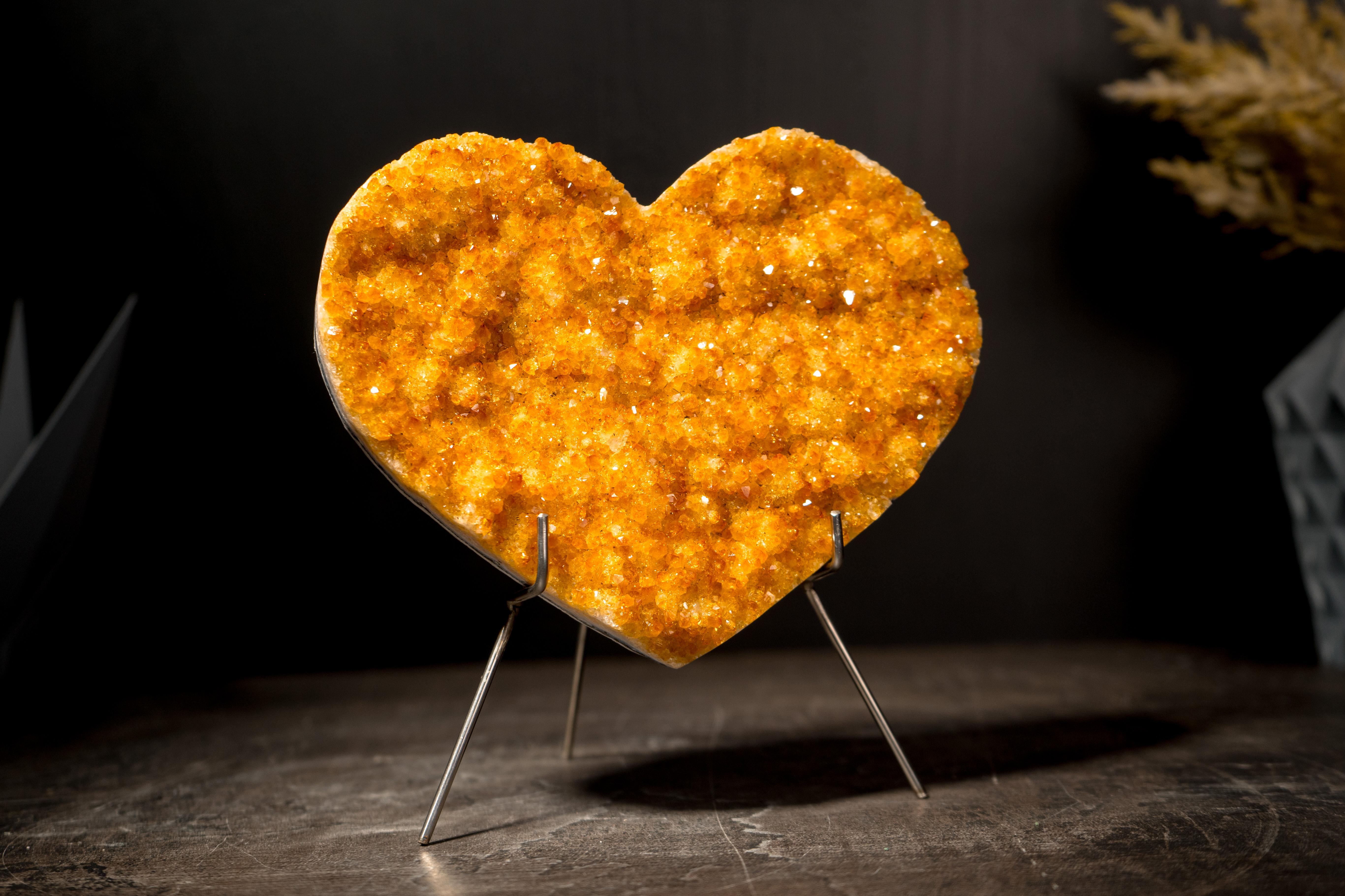 Natural Citrine Heart with Intense Sparkly Yellow Druzy, Hand Carved and Ethical For Sale 1