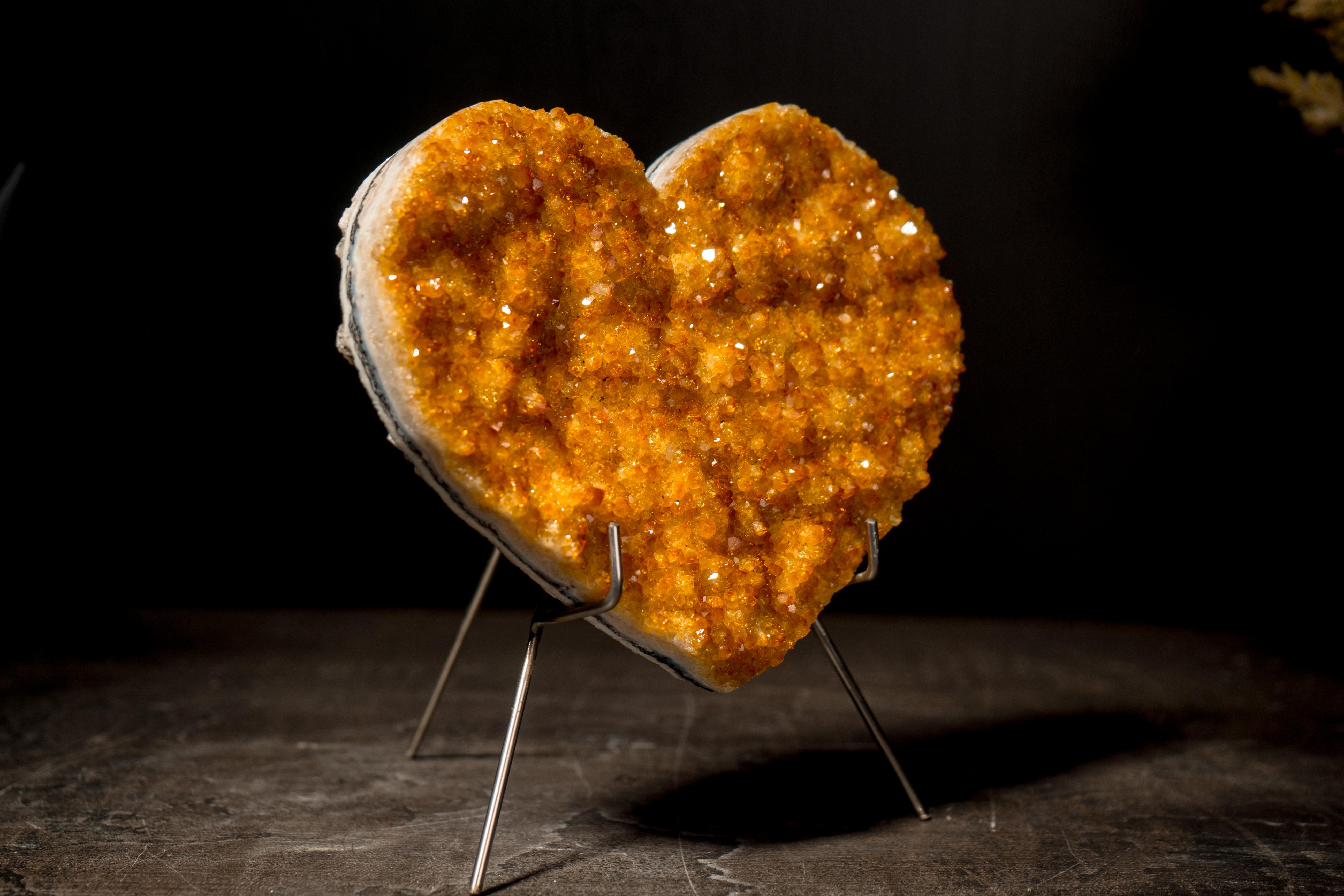 Natural Citrine Heart with Intense Sparkly Yellow Druzy, Hand Carved and Ethical For Sale 2