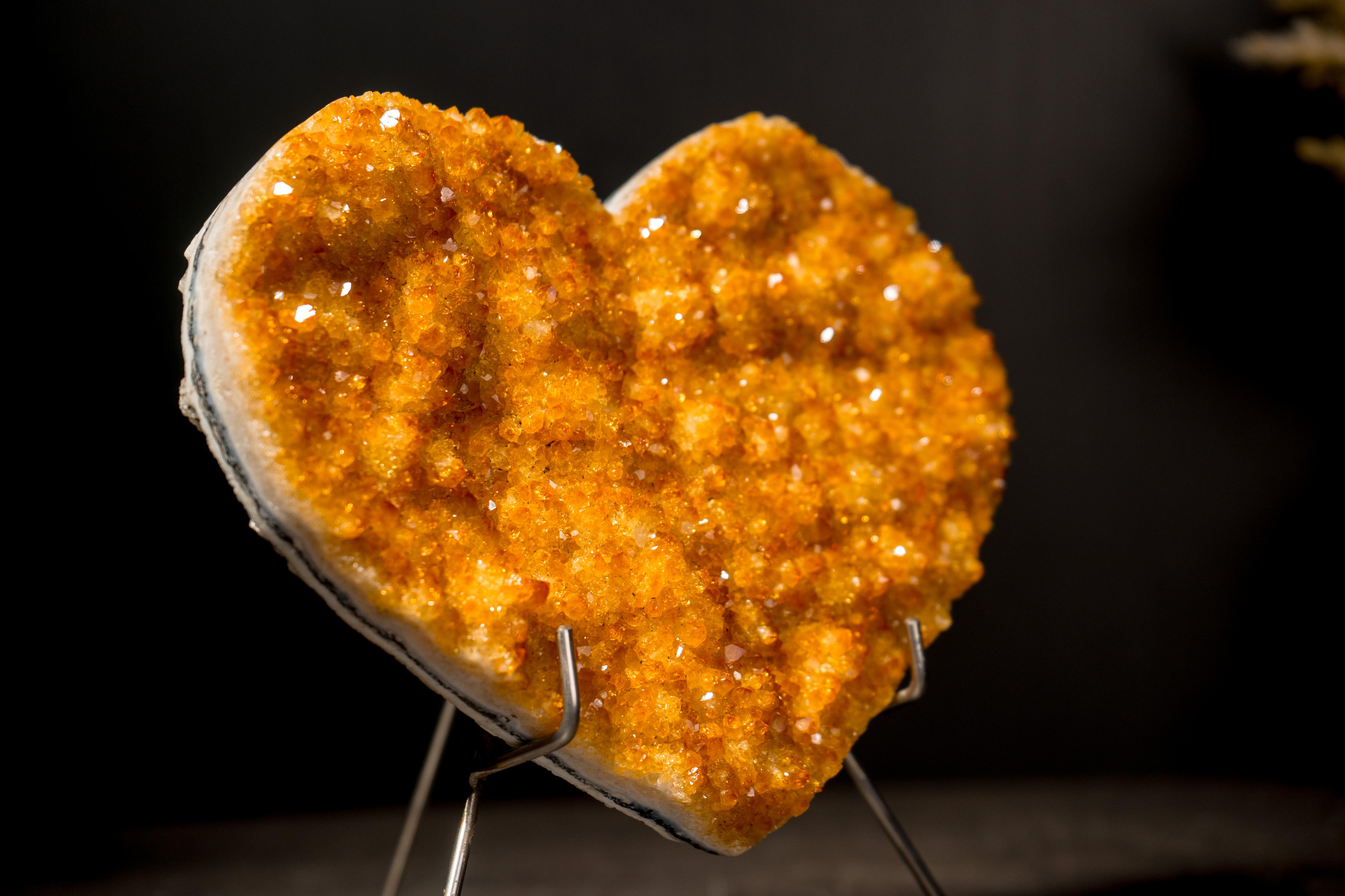 Natural Citrine Heart with Intense Sparkly Yellow Druzy, Hand Carved and Ethical For Sale 3