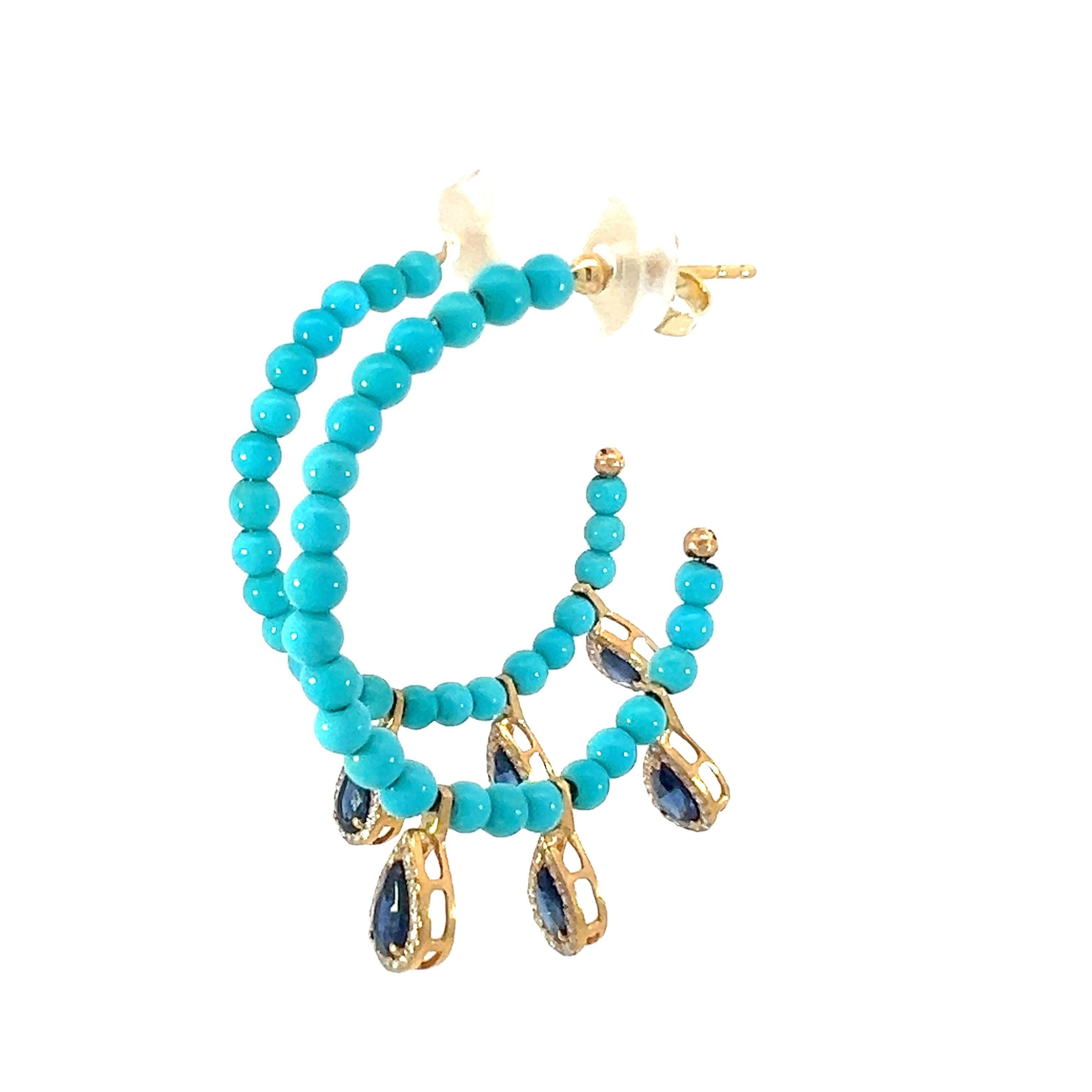 Mixed Cut Gorgeous natural turquoise, sapphire, and diamond hoop earrings For Sale