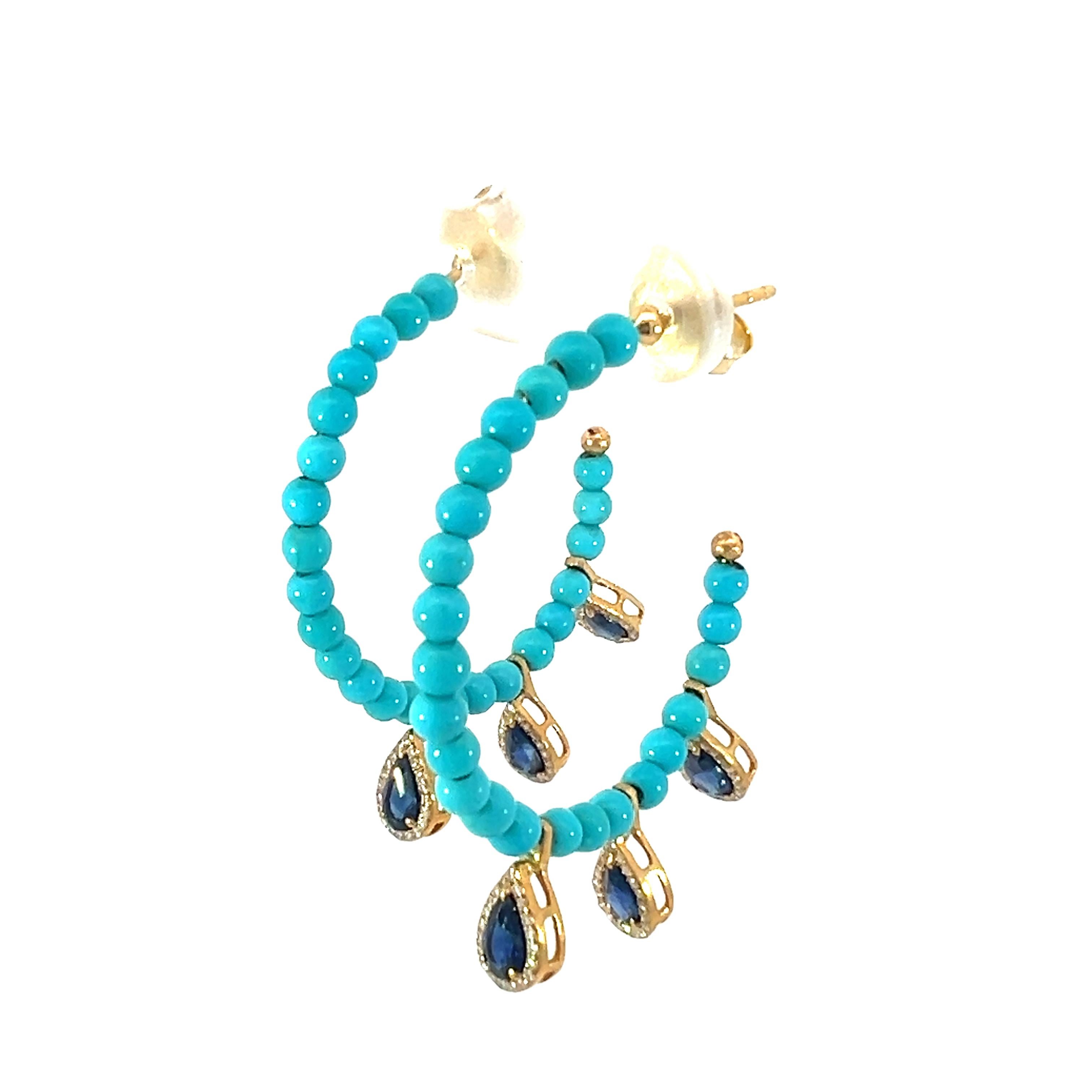 Gorgeous natural turquoise, sapphire, and diamond hoop earrings In New Condition For Sale In New York, NY