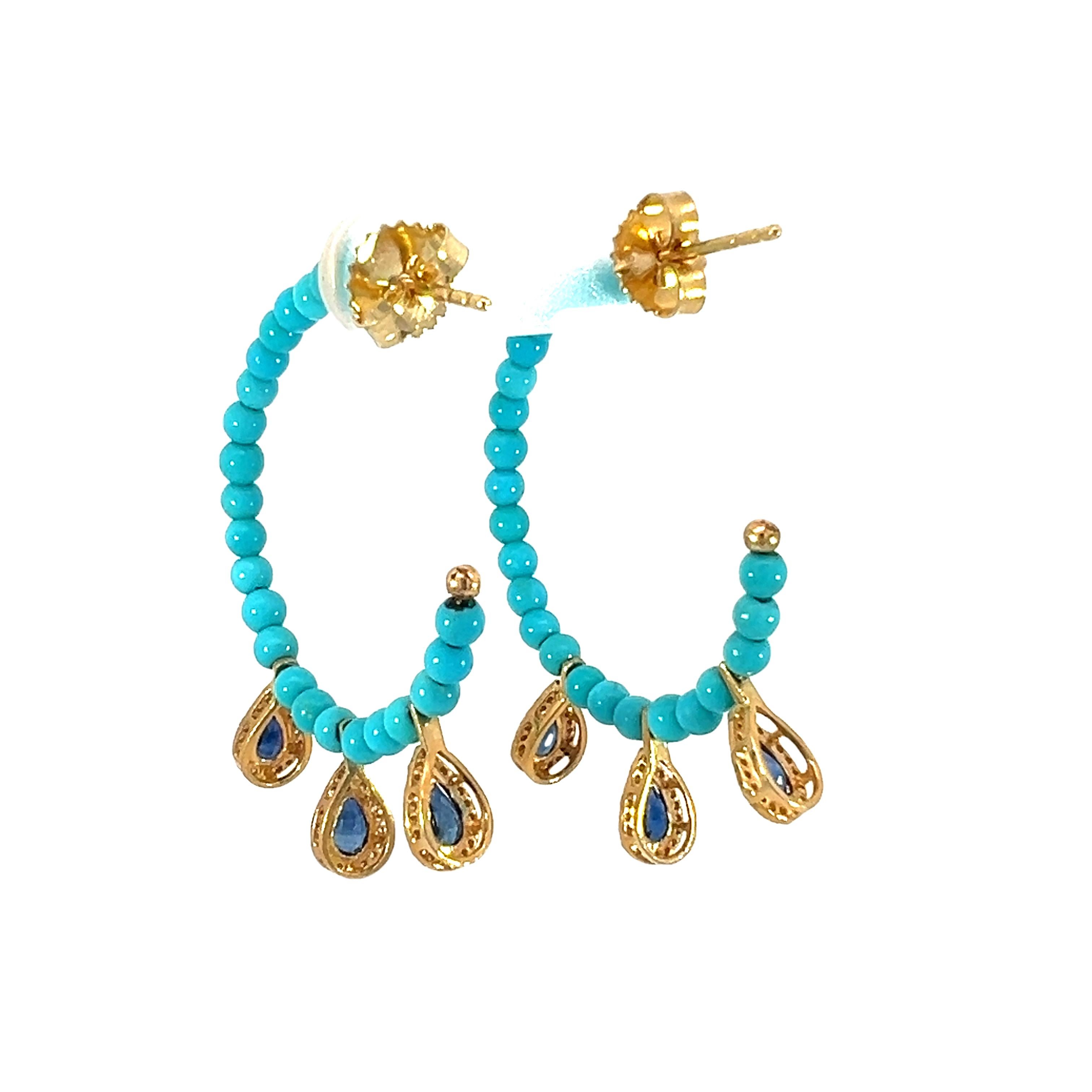 Women's Gorgeous natural turquoise, sapphire, and diamond hoop earrings For Sale