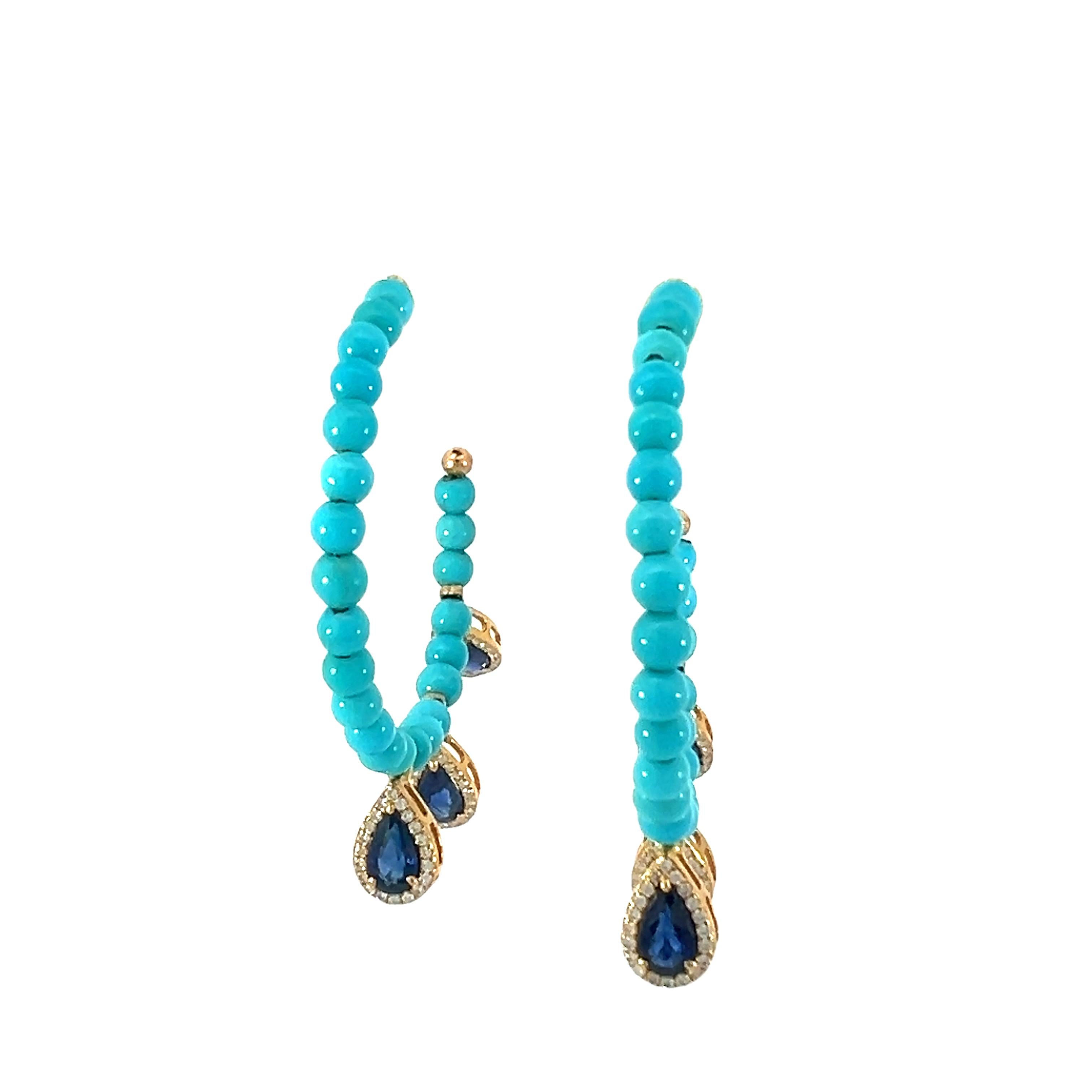 Gorgeous natural turquoise, sapphire, and diamond hoop earrings For Sale 1