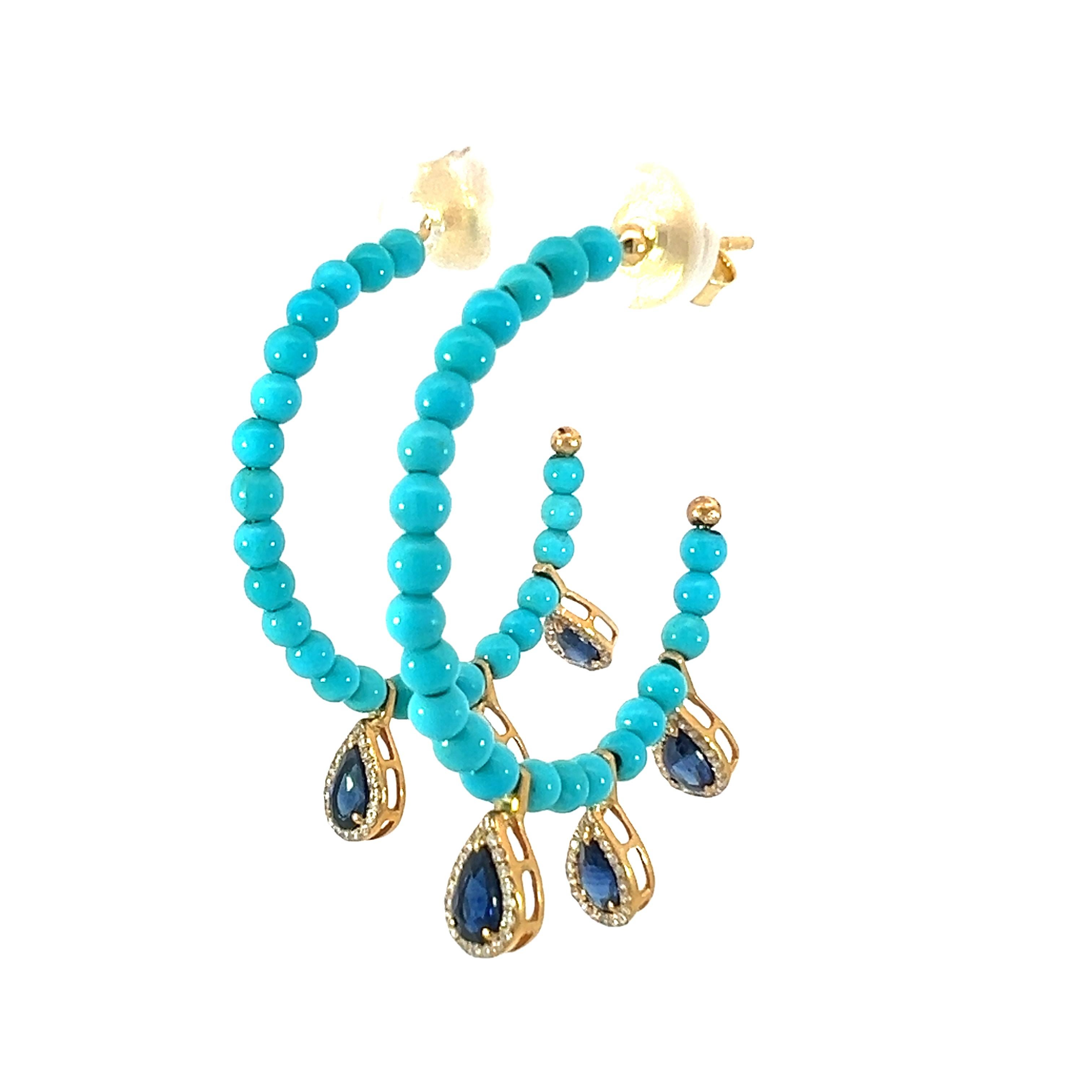 Gorgeous natural turquoise, sapphire, and diamond hoop earrings For Sale 2