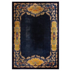 Gorgeous Navy Blue Background Floral Border Pattern Antique Chinese Art Deco Rug