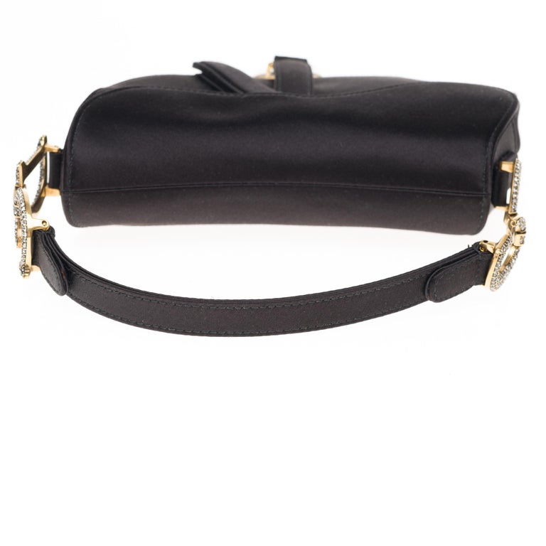 NEW Christian Dior Saddle bag in black satin, with rhinestones
