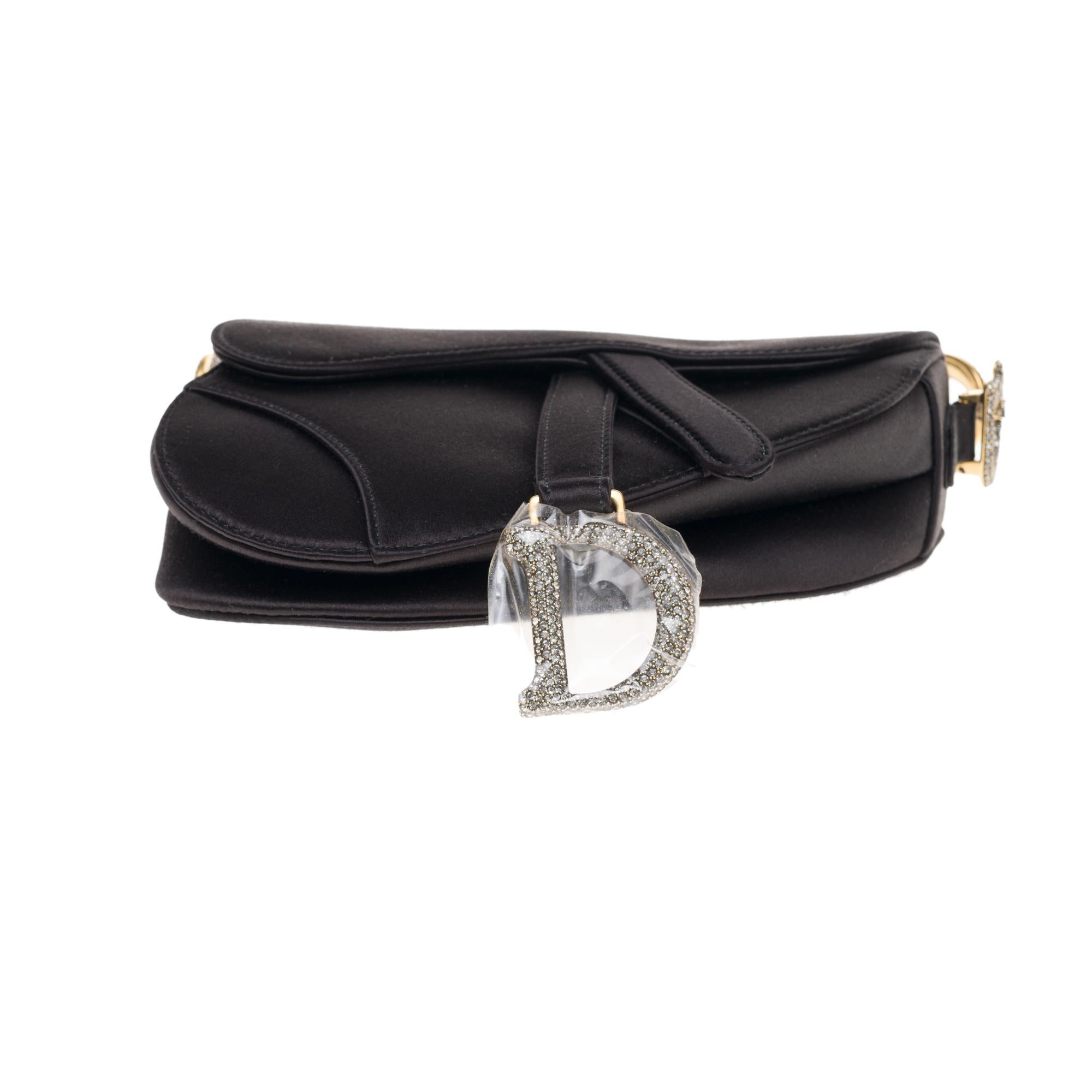 Gorgeous NEW Christian Dior Saddle bag in black satin, with rhinestones and GHW 2