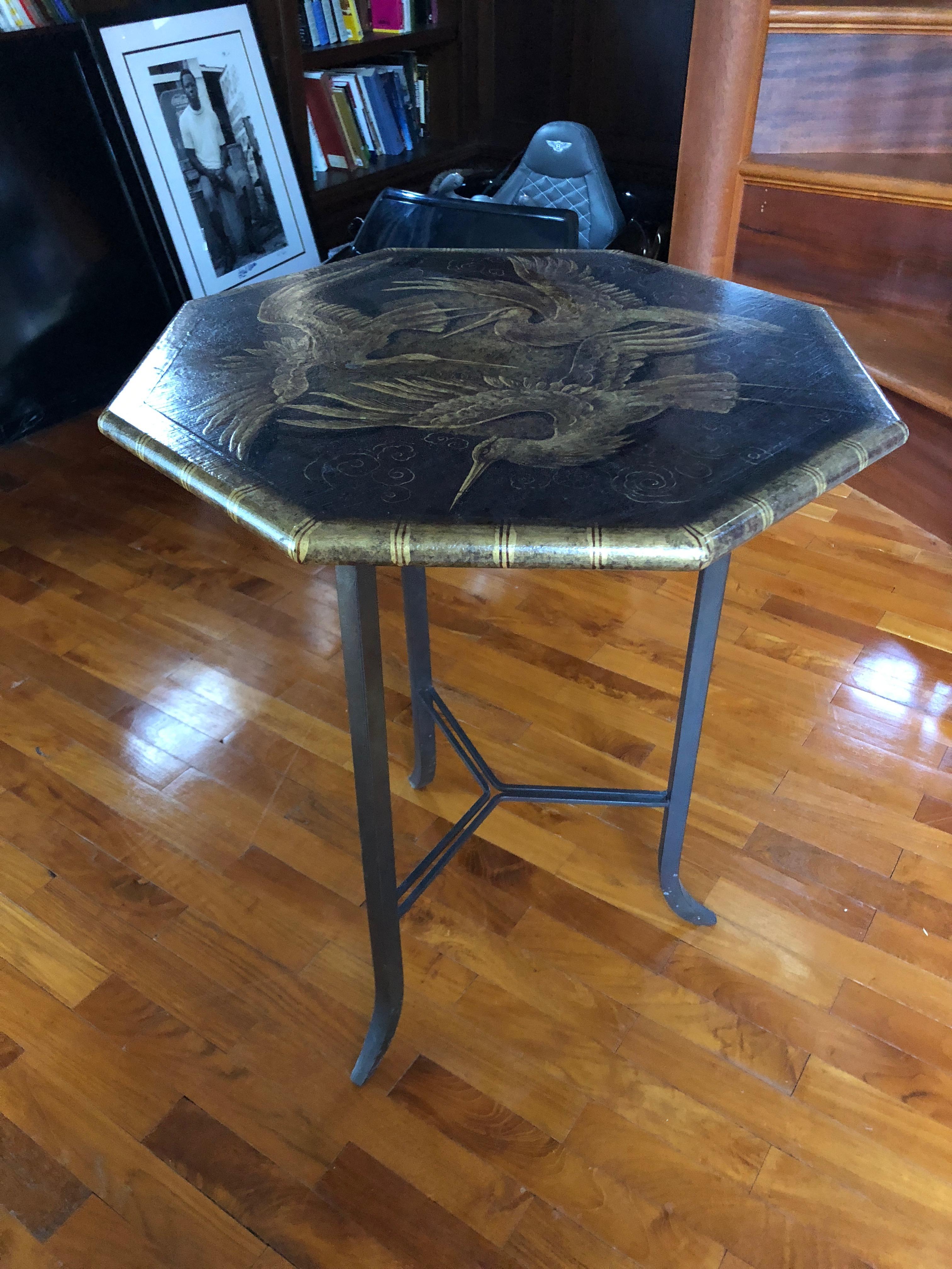 American Gorgeous Octagonal Painted Side Table with Iron Base and Bird Motif