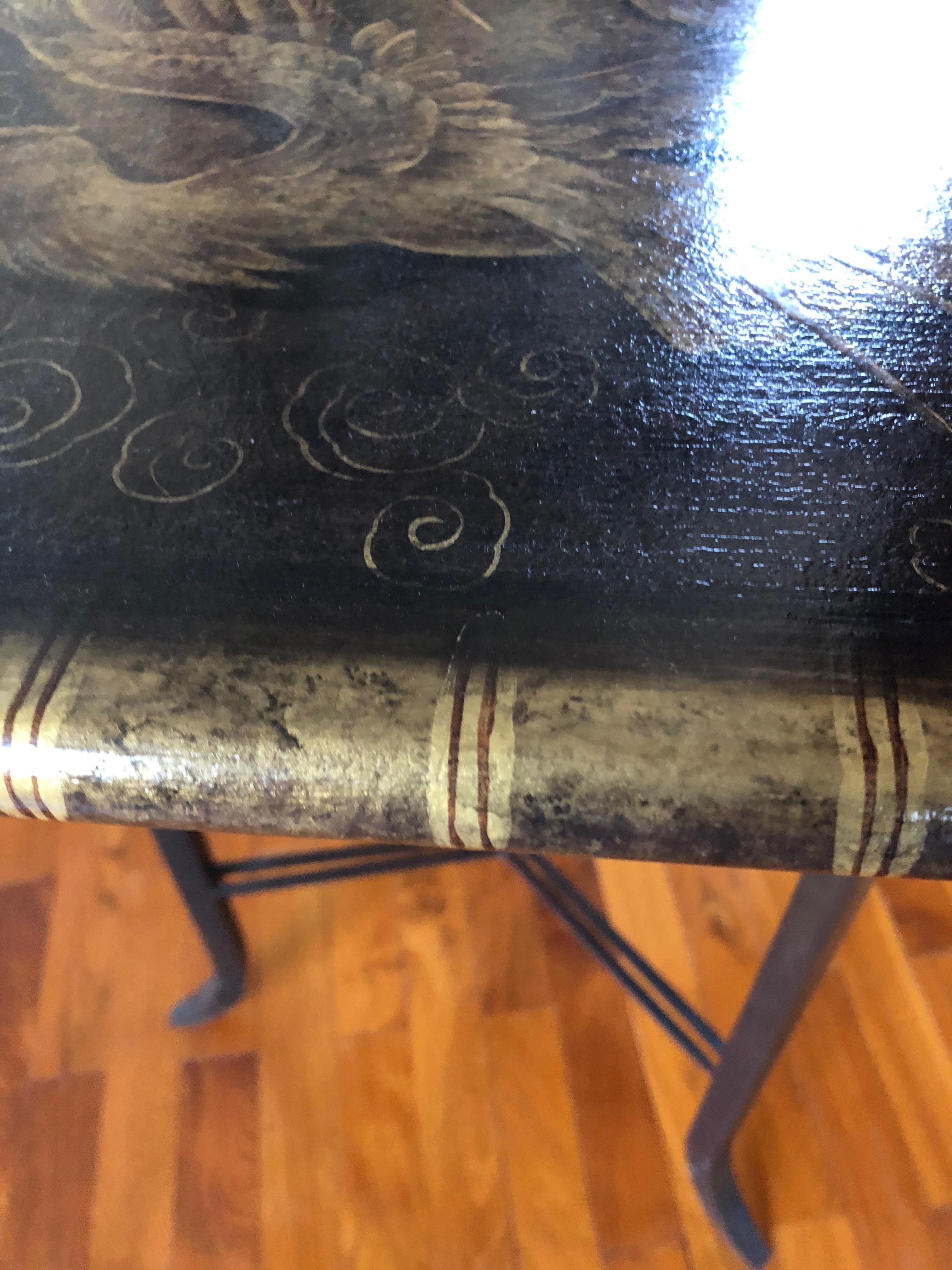 Gorgeous Octagonal Painted Side Table with Iron Base and Bird Motif In Excellent Condition In Hopewell, NJ