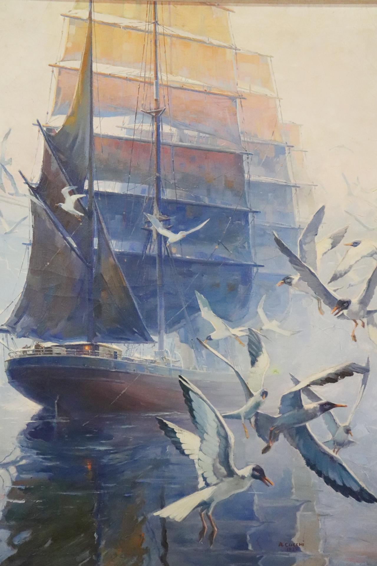 American Classical Gorgeous Oil Painting Sailing Ship Early Morning Fog signed A. Cucchi Dates 1939 For Sale