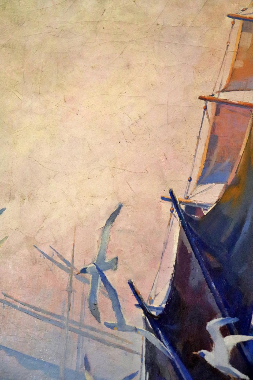 Mid-20th Century Gorgeous Oil Painting Sailing Ship Early Morning Fog signed A. Cucchi Dates 1939 For Sale