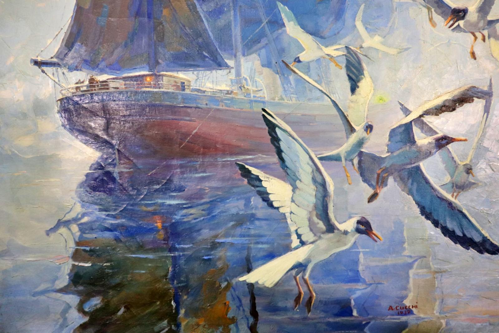 Wunderschönes Ölgemälde Segelschiff frühes Morgen Fog, signiert A. Cucchi datiert 1939 im Zustand „Gut“ im Angebot in Swedesboro, NJ