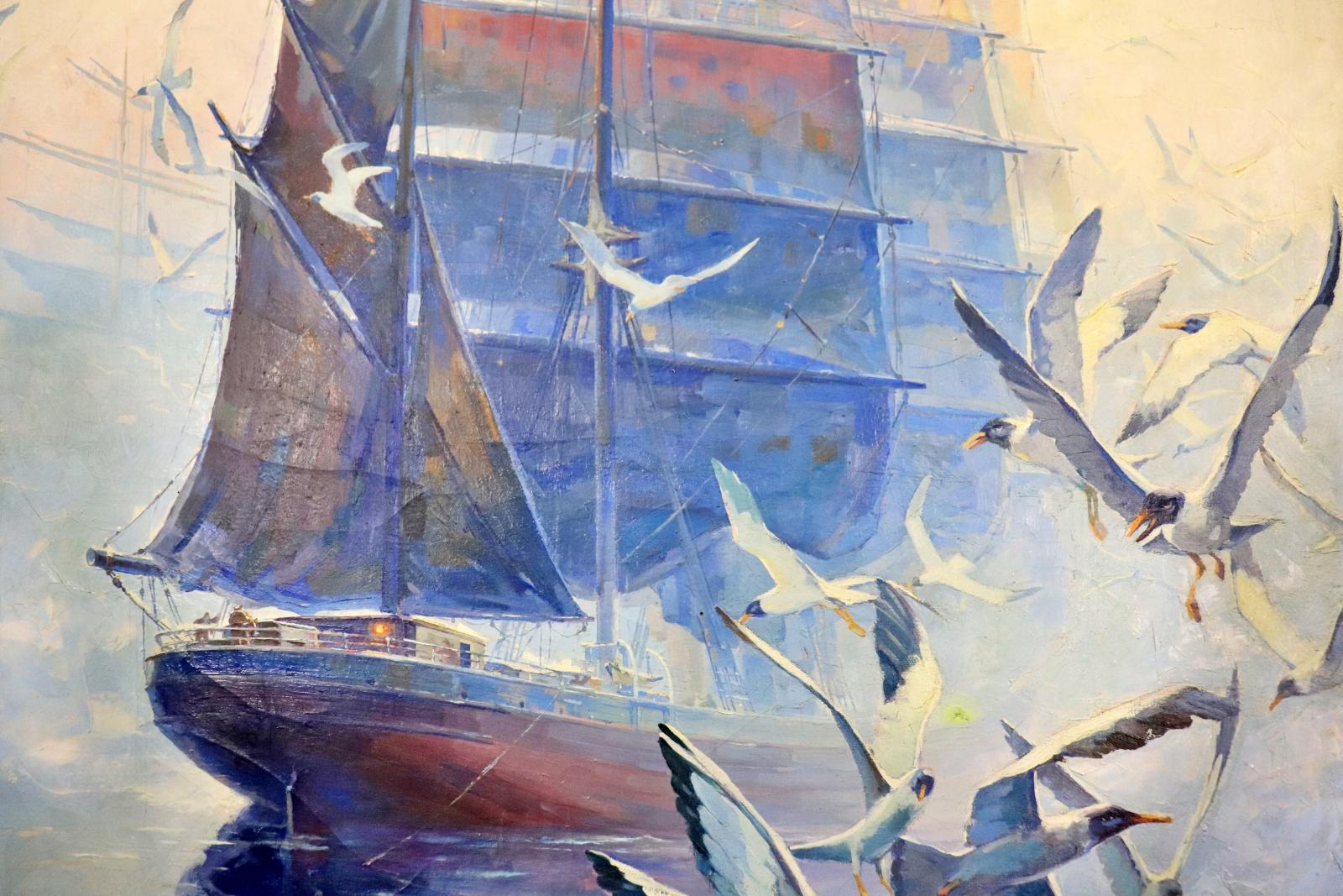 Wunderschönes Ölgemälde Segelschiff frühes Morgen Fog, signiert A. Cucchi datiert 1939 (Mitte des 20. Jahrhunderts) im Angebot