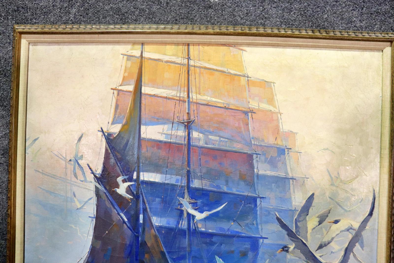 Wunderschönes Ölgemälde Segelschiff frühes Morgen Fog, signiert A. Cucchi datiert 1939 (Leinwand) im Angebot