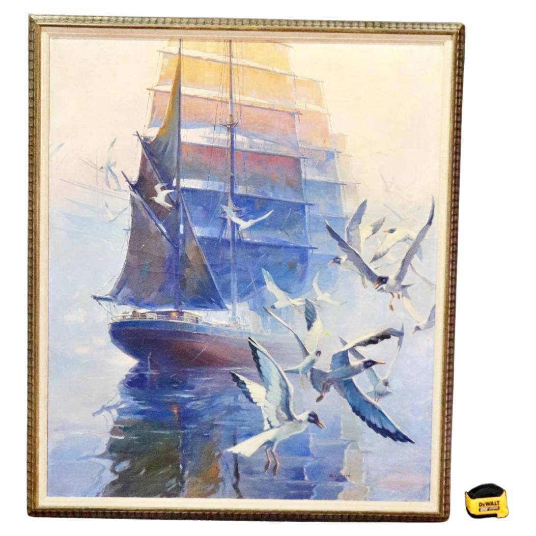 Gorgeous Oil Painting Sailing Ship Early Morning Fog signed A. Cucchi Dates 1939 For Sale