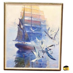 Gorgeous Oil Painting Sailing Ship Early Morning Fog signed A. Cucchi Dates 1939
