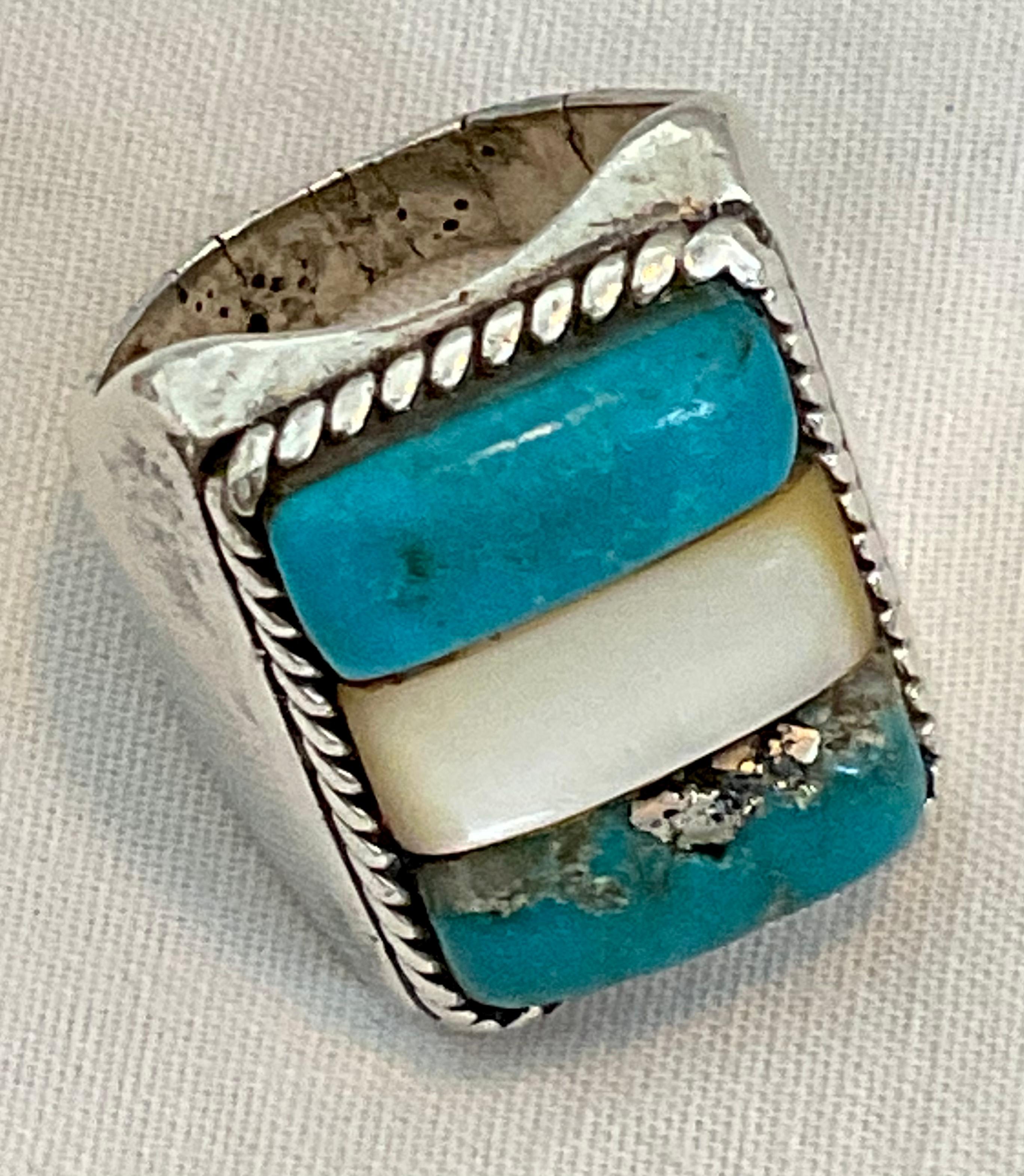Square Cut Gorgeous Old Pawn Native American Turquoise Sterling Silver Mother of Pearl Ring