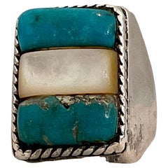 Superbe bague amérindienne en argent sterling avec turquoise et nacre de type Old Pawn