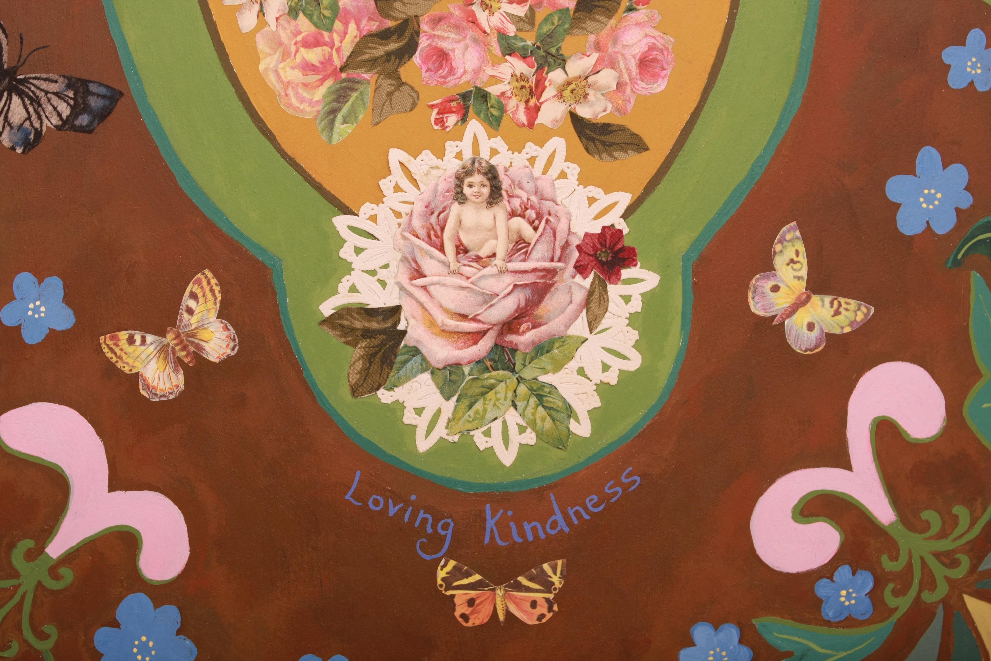 A wonderfully original painting and mixed-media creation on board and vintage Victorian frame from a dresser mirror, having a beautiful fancy French shape and adorned with flowers, butterflies, retro Valentine, and paper ephemera. Color palette is