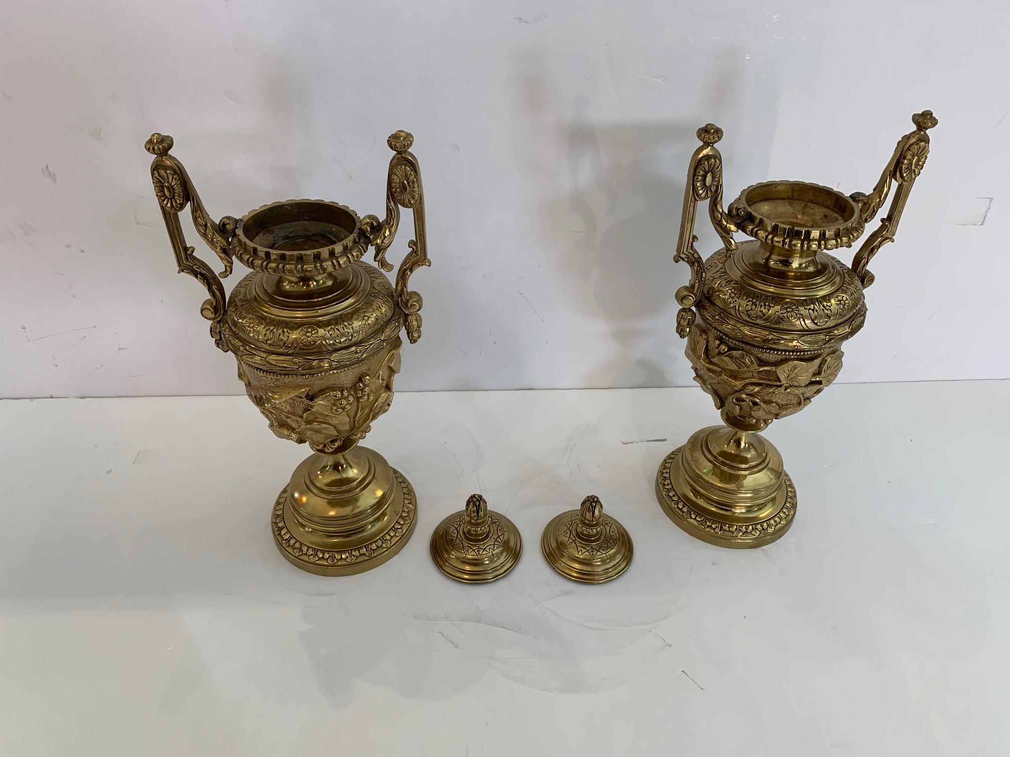 Gorgeous Ornate Pair of Revival Style Cast Brass Relief Lidded Urns For Sale 5
