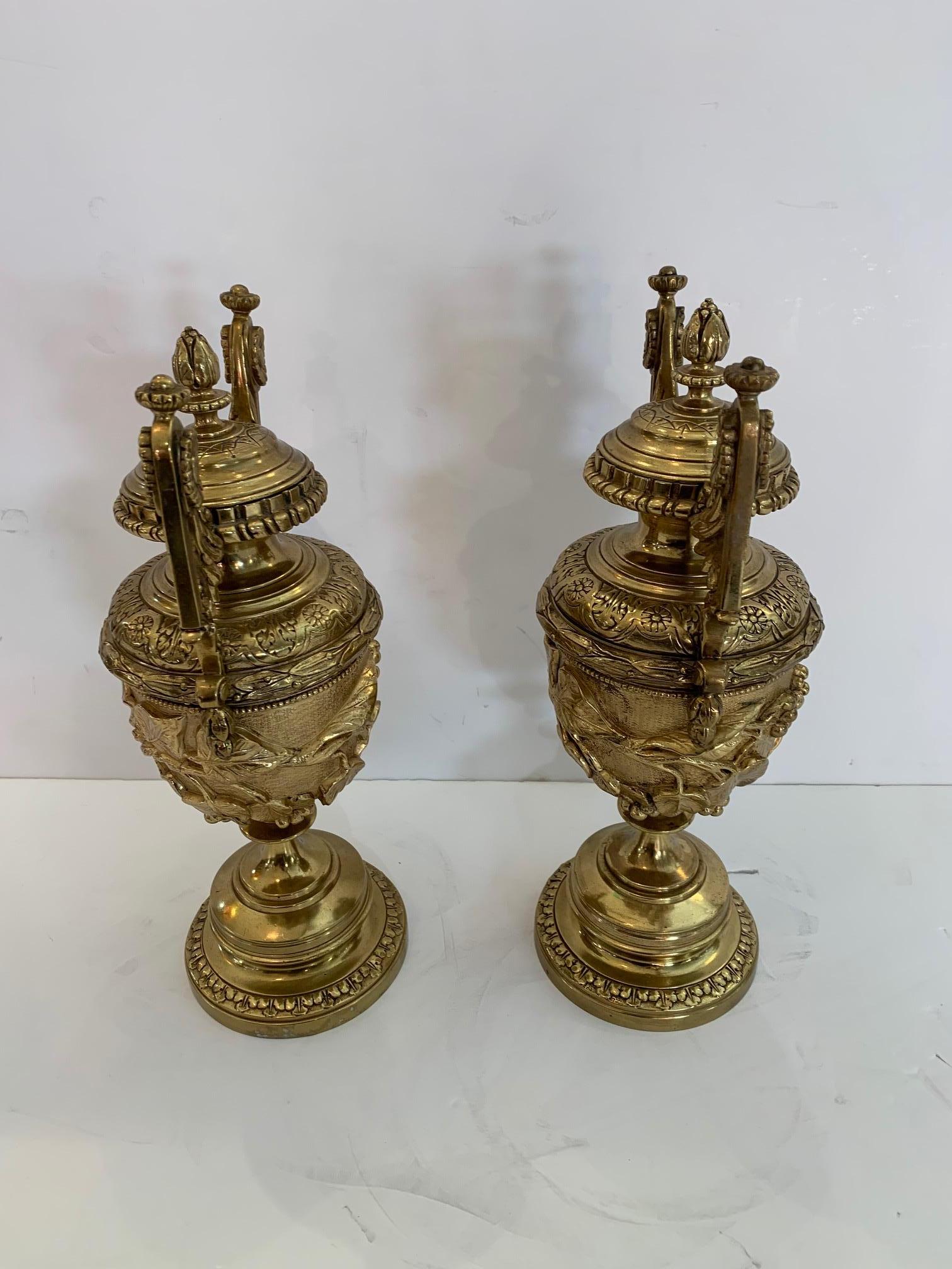 Gorgeous Ornate Pair of Revival Style Cast Brass Relief Lidded Urns For Sale 6
