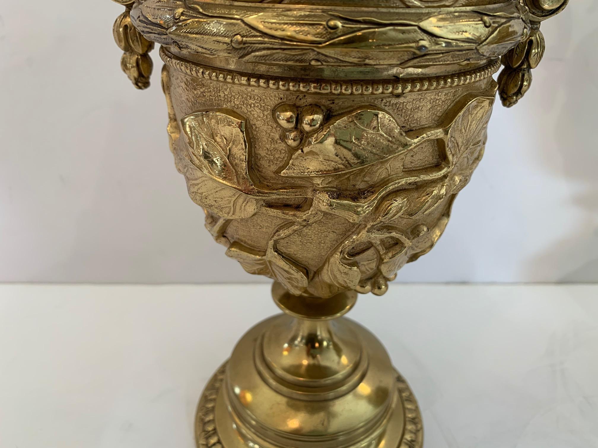 Gorgeous Ornate Pair of Revival Style Cast Brass Relief Lidded Urns In Good Condition For Sale In Hopewell, NJ