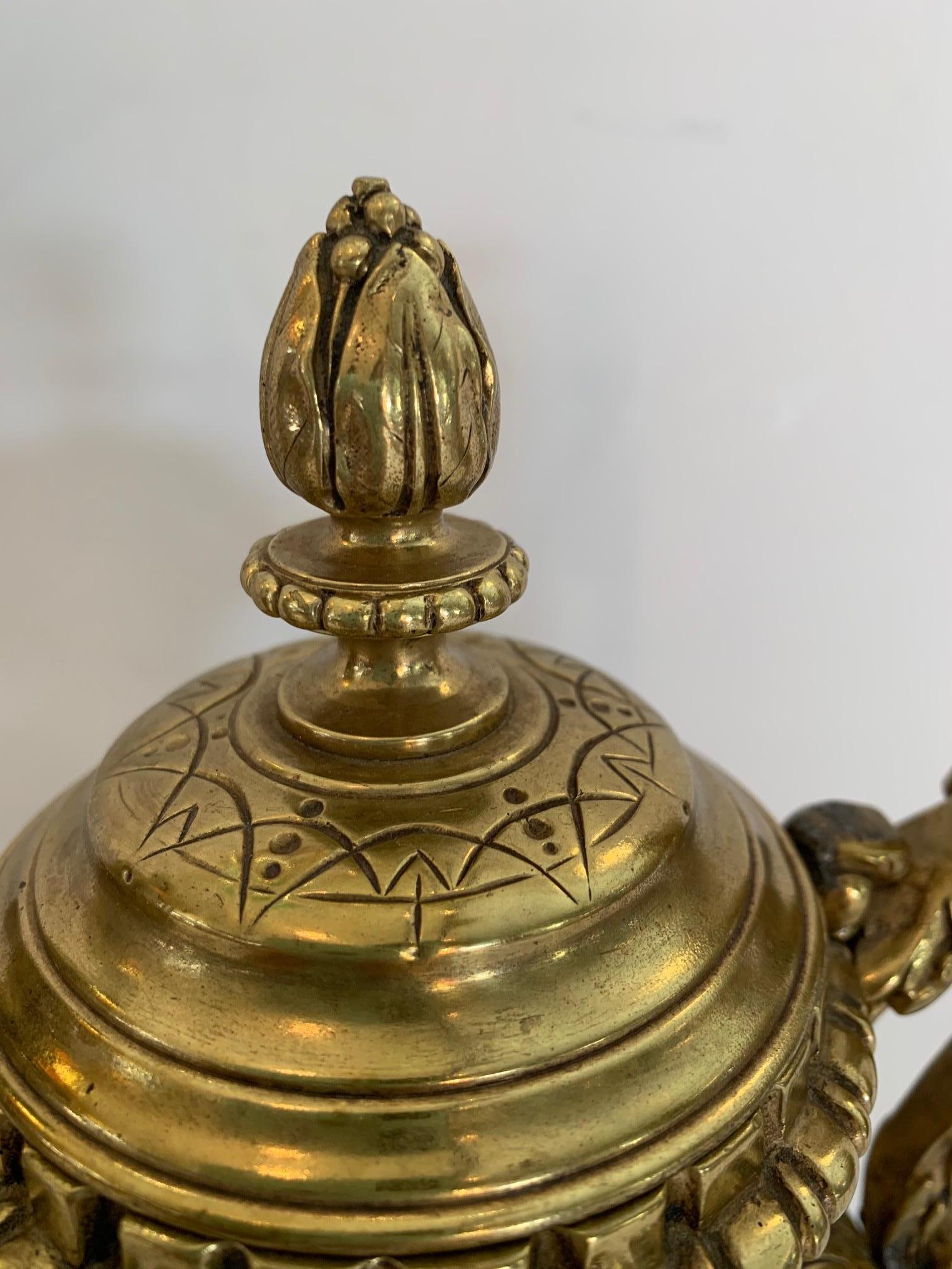 Mid-19th Century Gorgeous Ornate Pair of Revival Style Cast Brass Relief Lidded Urns For Sale