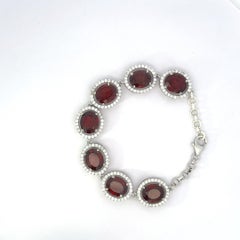 Gorgeous Oval Cut Deep Red Garnet and White CZ Halo Link Bracelet for Women
