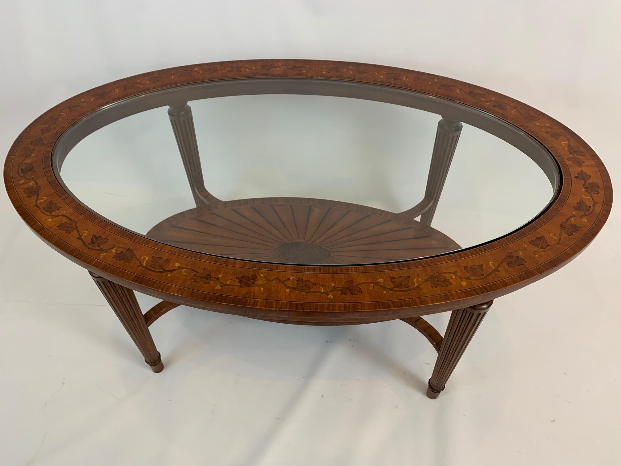 Gorgeous Oval Mixed Inlaid Wood & Glass Coffee Table 1