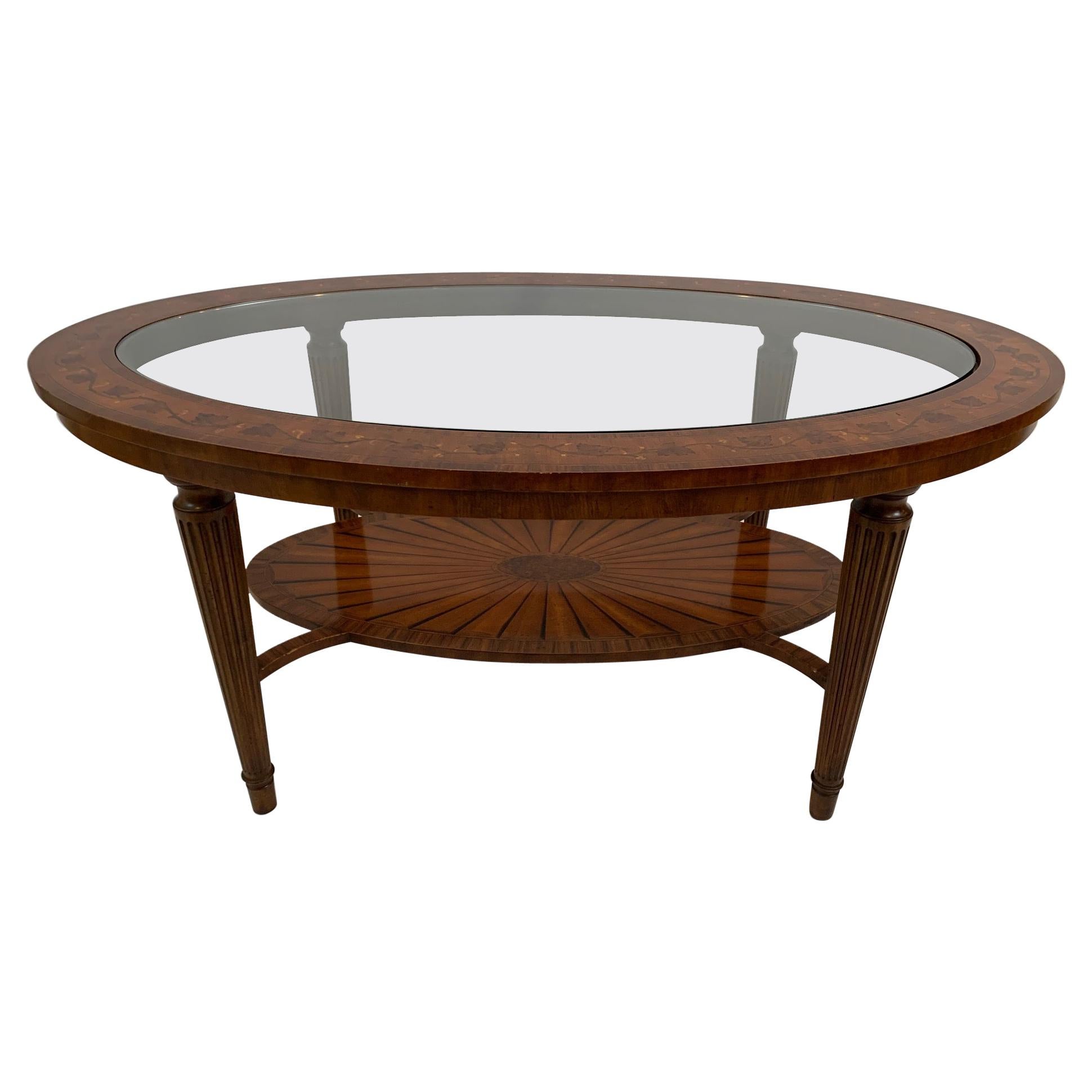 Gorgeous Oval Mixed Inlaid Wood & Glass Coffee Table